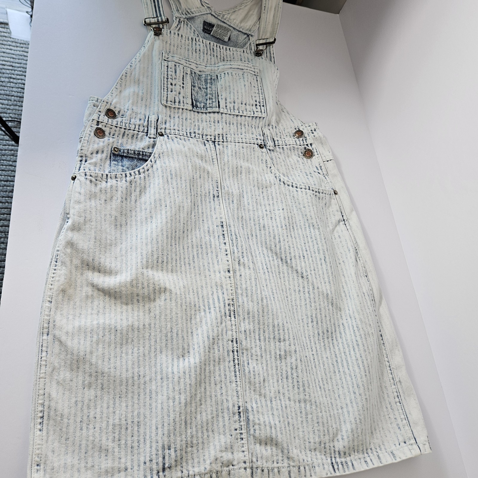 Acid Wash 80s RETRO Striped Denim Overall Skirt Size L Western Country Thunder