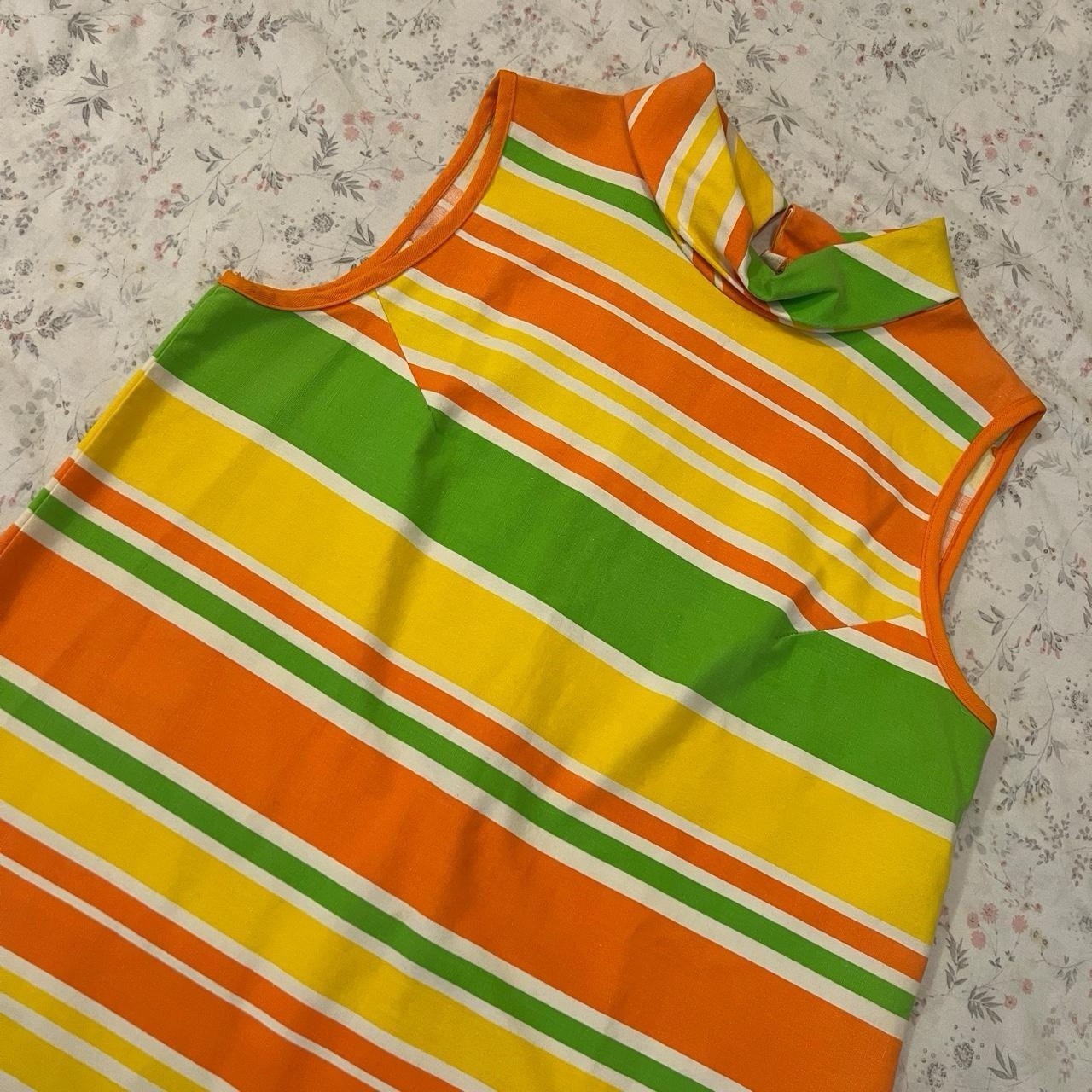Vintage 60s Mod Dress Gogo Mini Striped Citrus Sherbet Funnel Neck Tent Shift