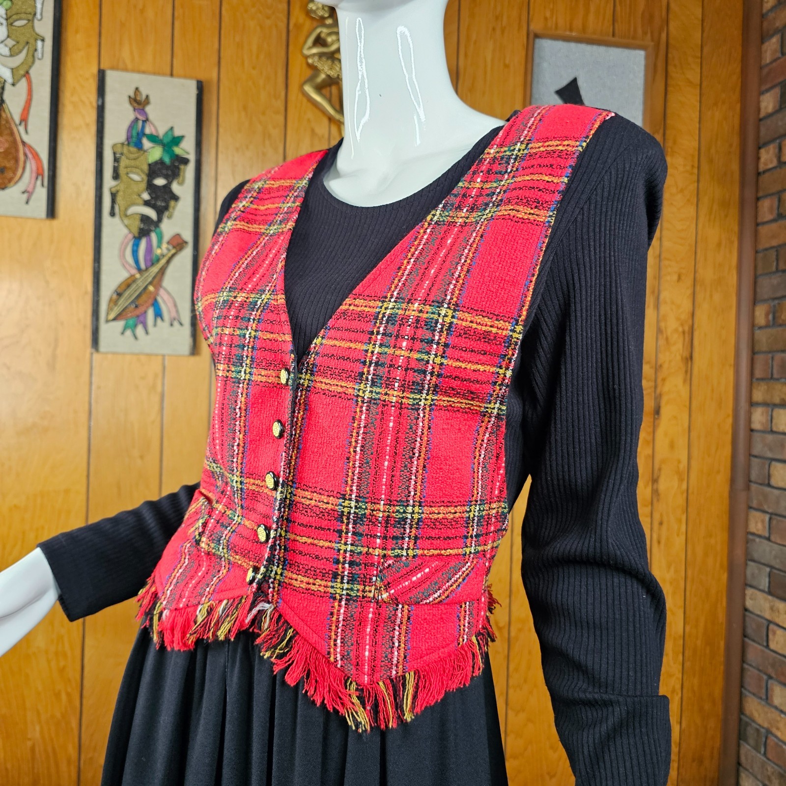 Vtg 90s Dark Academia British Preppy Plaid Riding Waistcoat Holiday Midi Dress L