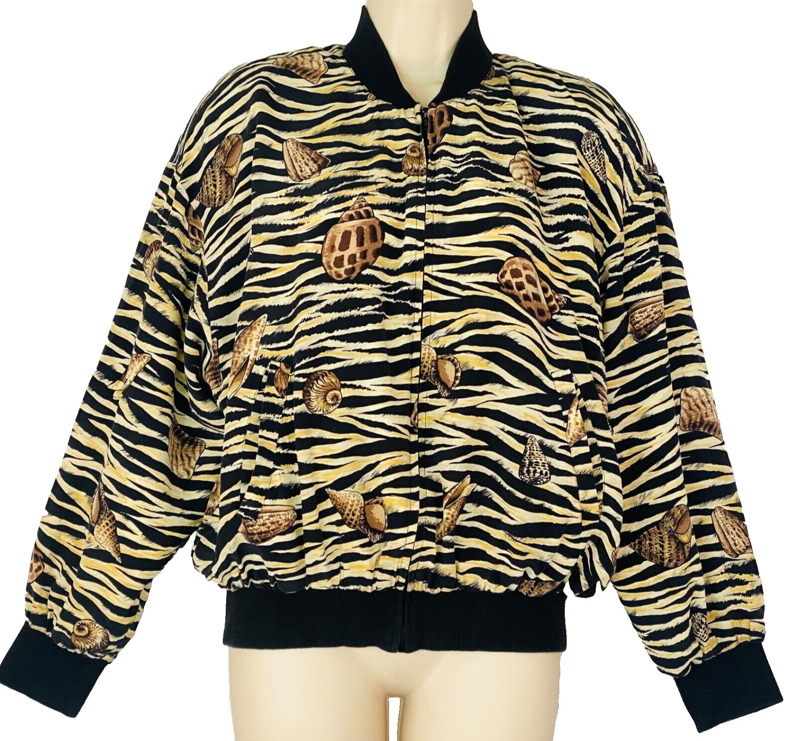 Vintage 1980s silk jacket oversized novelty print zebra tiger sea shells animal