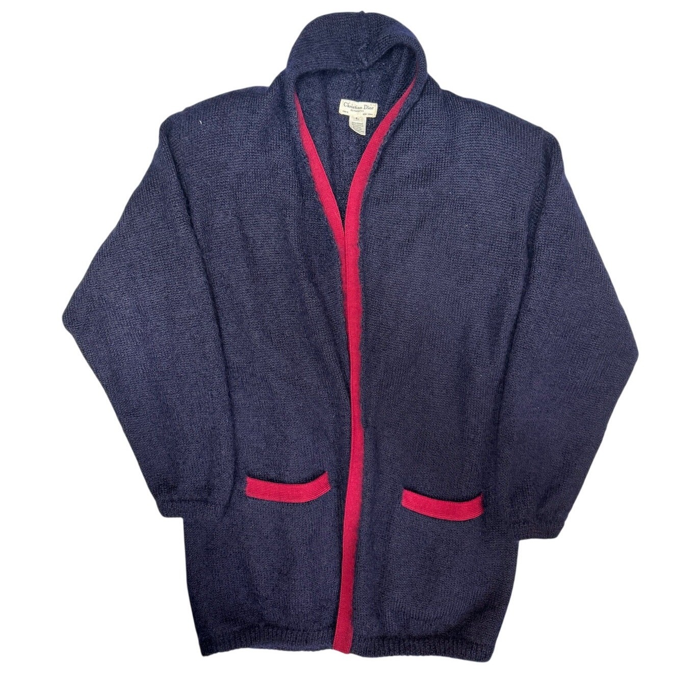 Christian Dior Mohair Cardigan 1980s Long Sweater Open Front Blue Size L