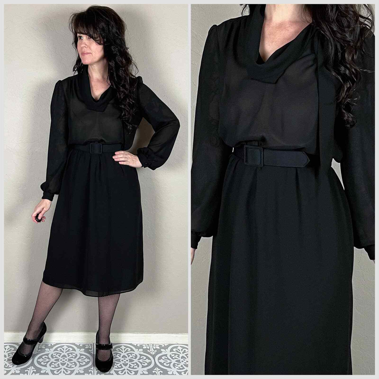 Vintage 1960s Black Chiffon Long Sleeve Dress – 30″/32″ Waist