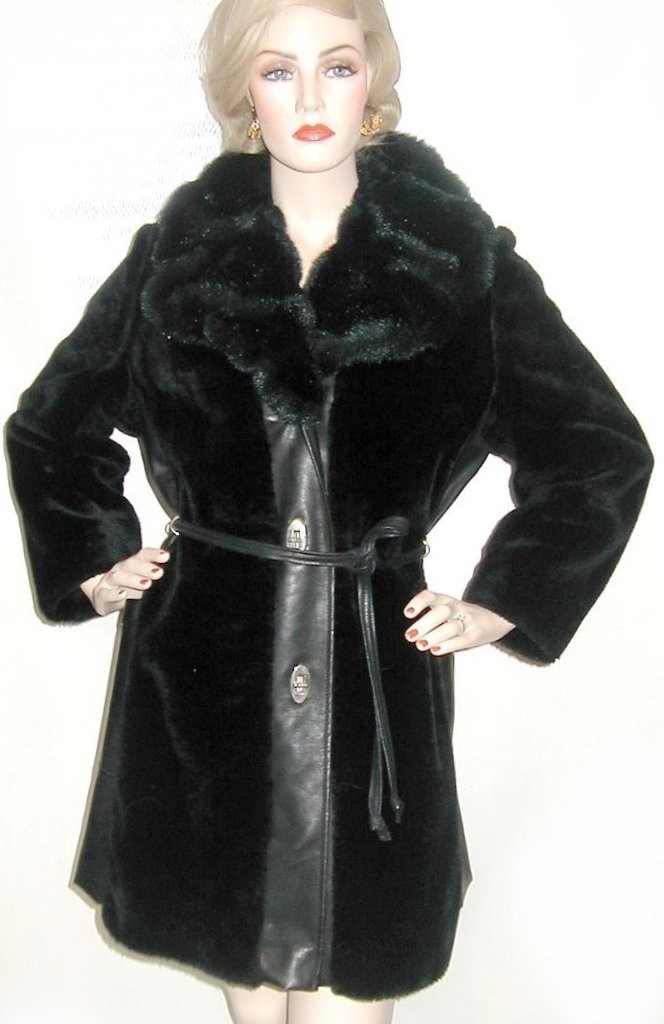 Vintage 1960s BLACK FAUX FUR COAT w/ Faux Leather Trim 40B TWIST LOCK Closures