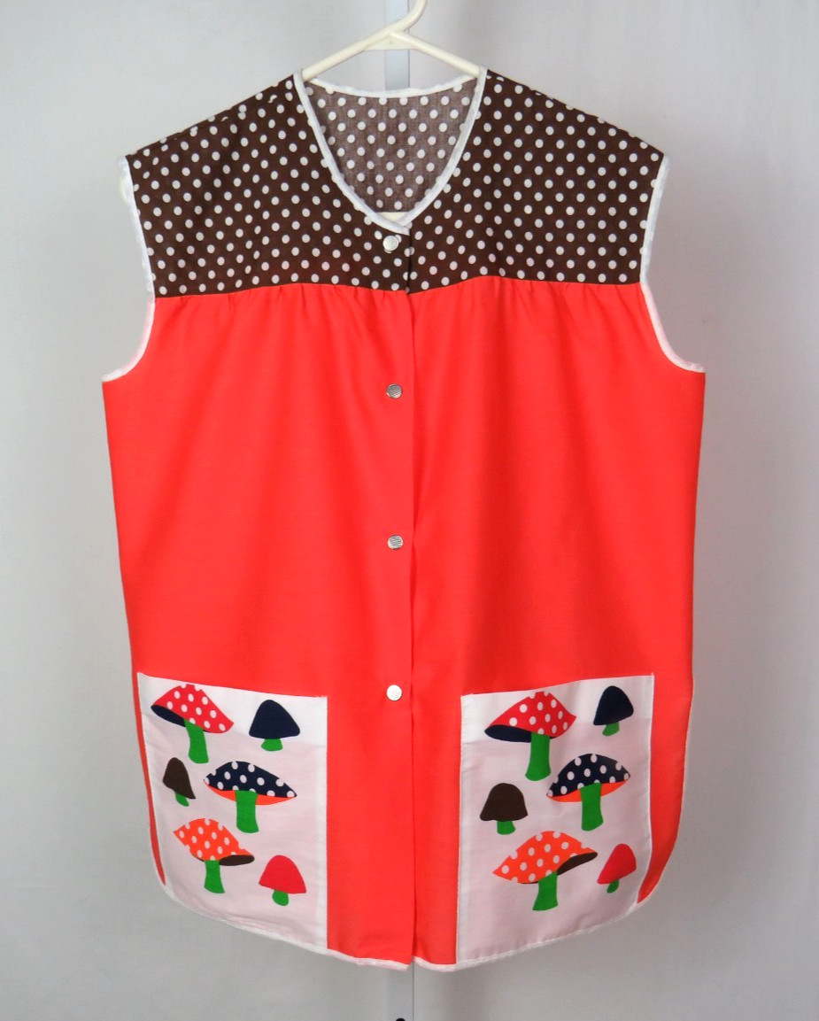 VTG 1960s MOD MUSHROOMS SMOCK TOP ORANGE BROWN ROPE BELT 42″ BUST 26 1/4″ LONG