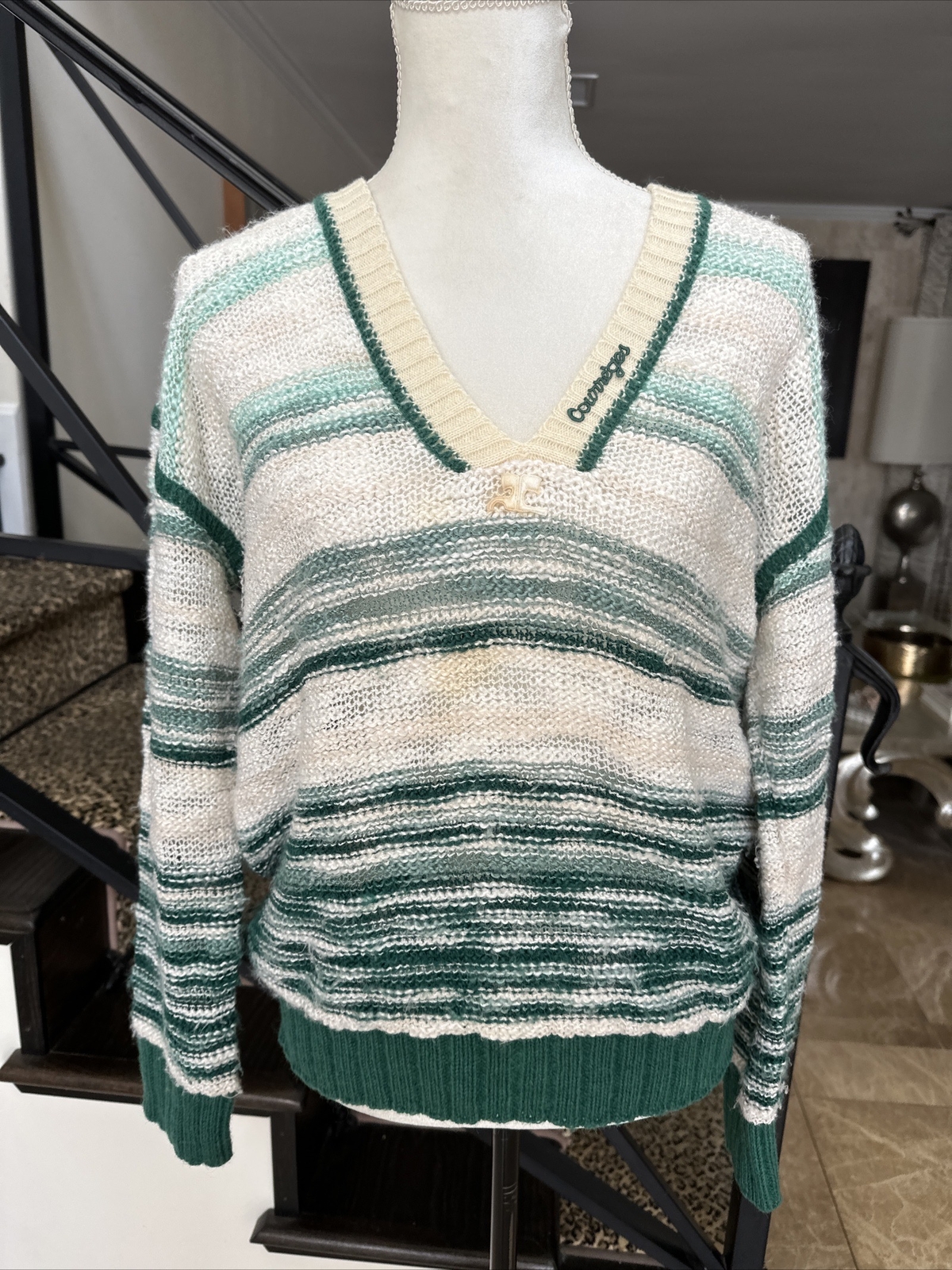 Courreges Vintage 70s Green And White Logo V neck Tennis Sweater Size B