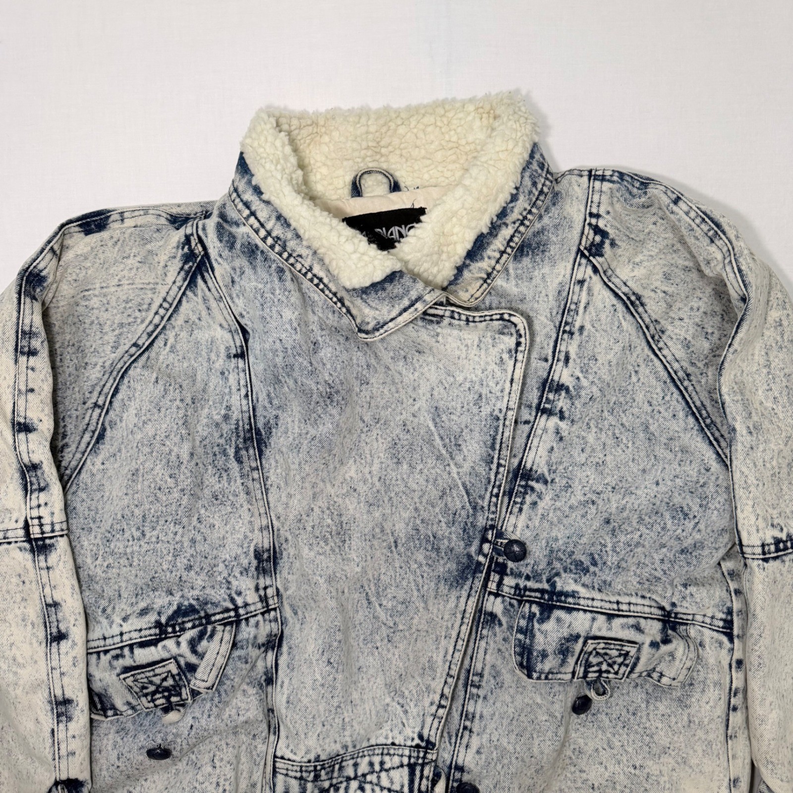 Vintage 80s Fabriano Acid Wash Denim Sherpa Bomber Jacket Womens L Cropped 90s
