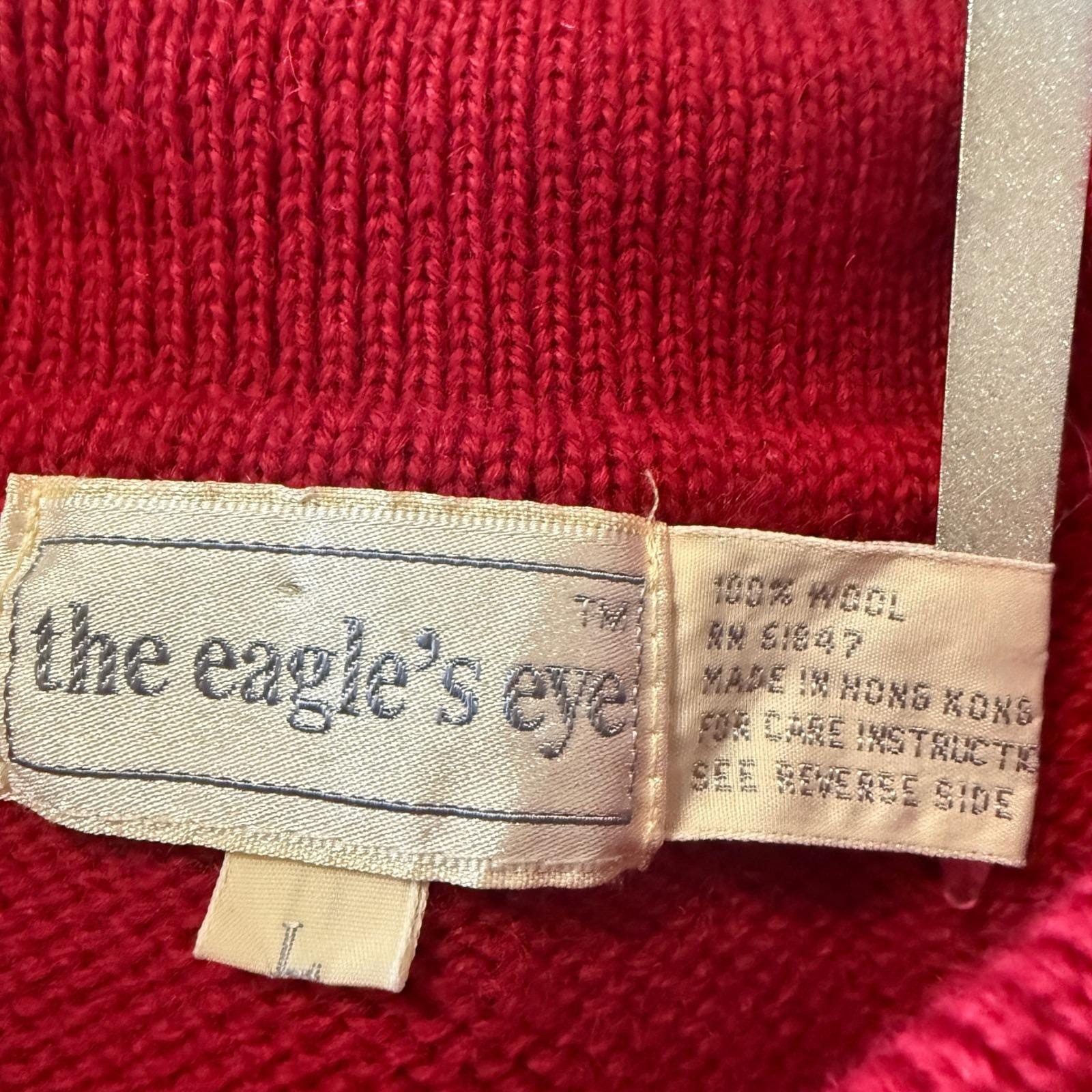 Vintage Eagles Eye Red Wool Cable Knit Red Sweater Crest Floral Polo Collar L