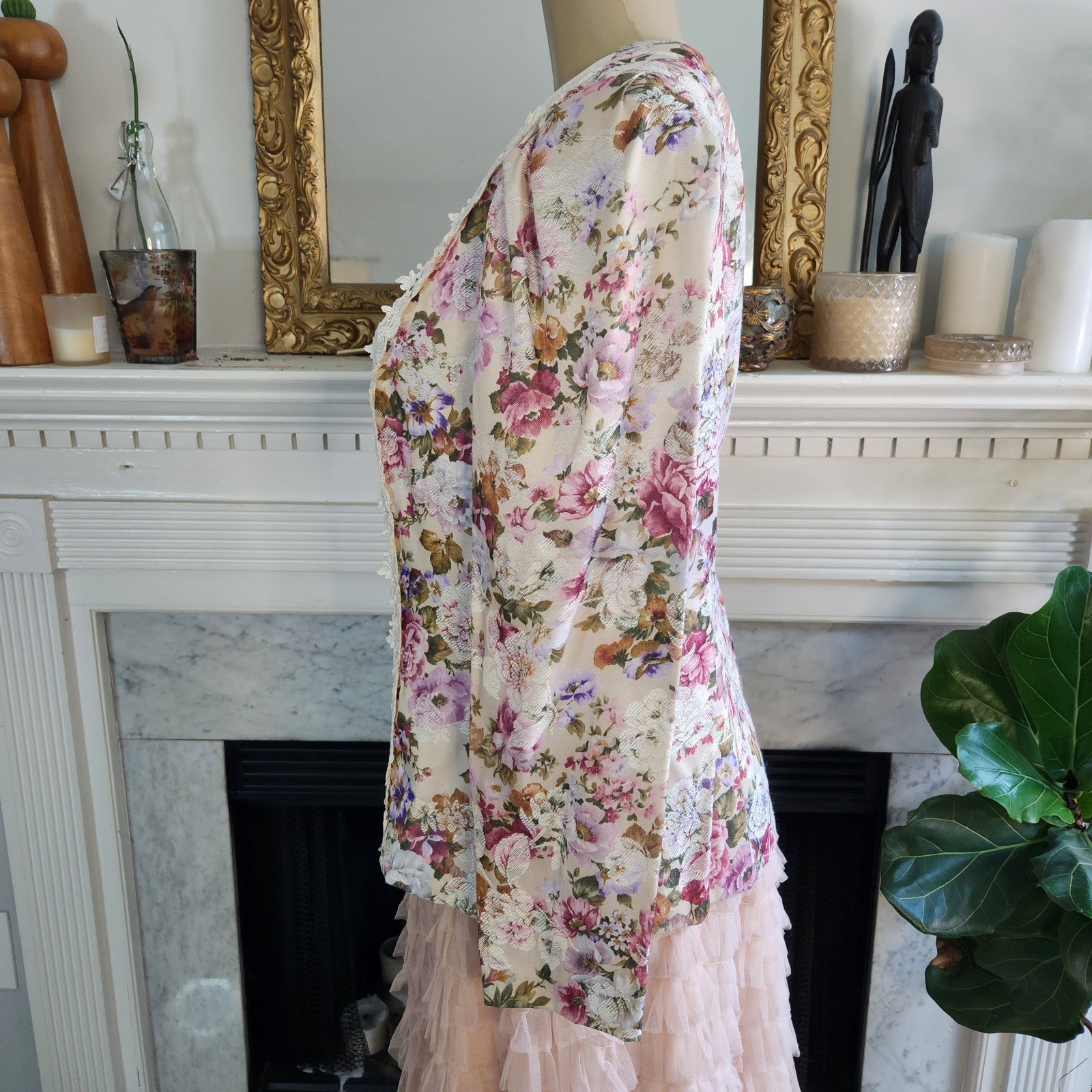 Vintage 80s Ivory Floral Blazer Lace Pink Fitted Cottagecore Romantic Size Large