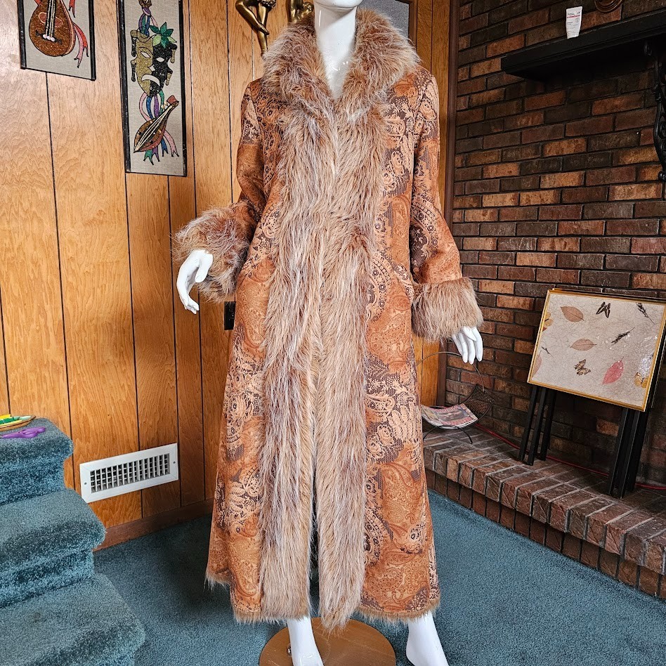 Vtg 90s do 70s Penny Lane Hippie Faux Fur Jacket Shaggy Afghan Tapestry Coat M