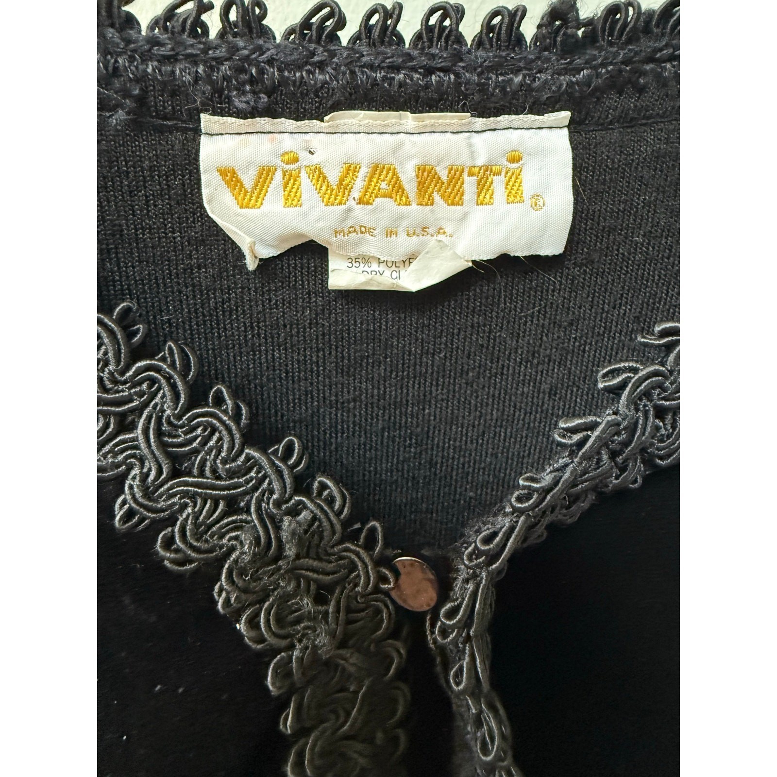 Vivanti Velvet Cardigan Women 14 Black Soutache Trim Cropped Jacket Vintage