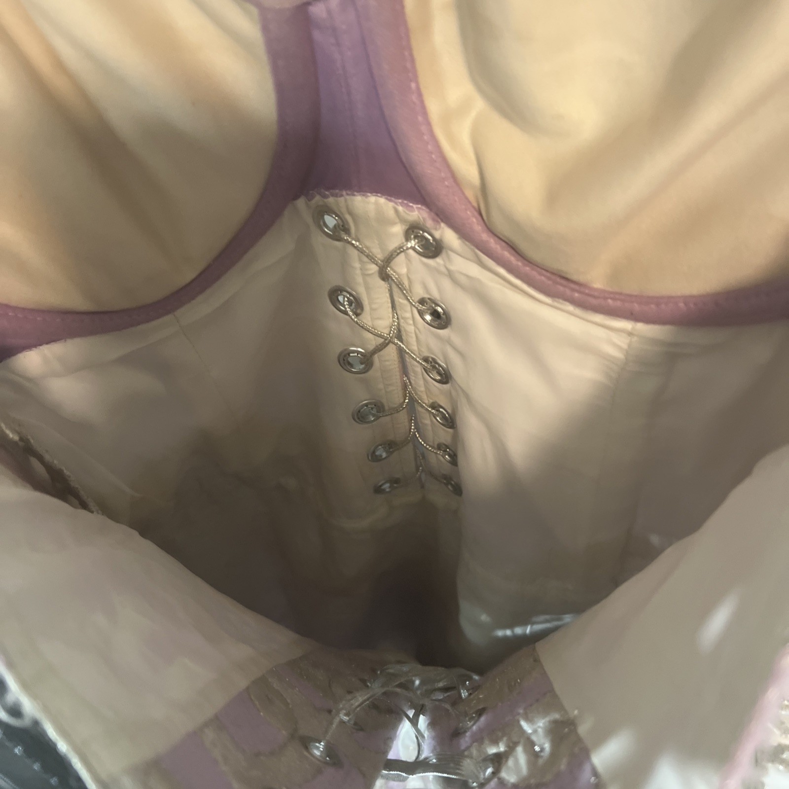 80s Lavender & Silver Brocade Corset Dress Lace Up Back Peplum Bows Detailed