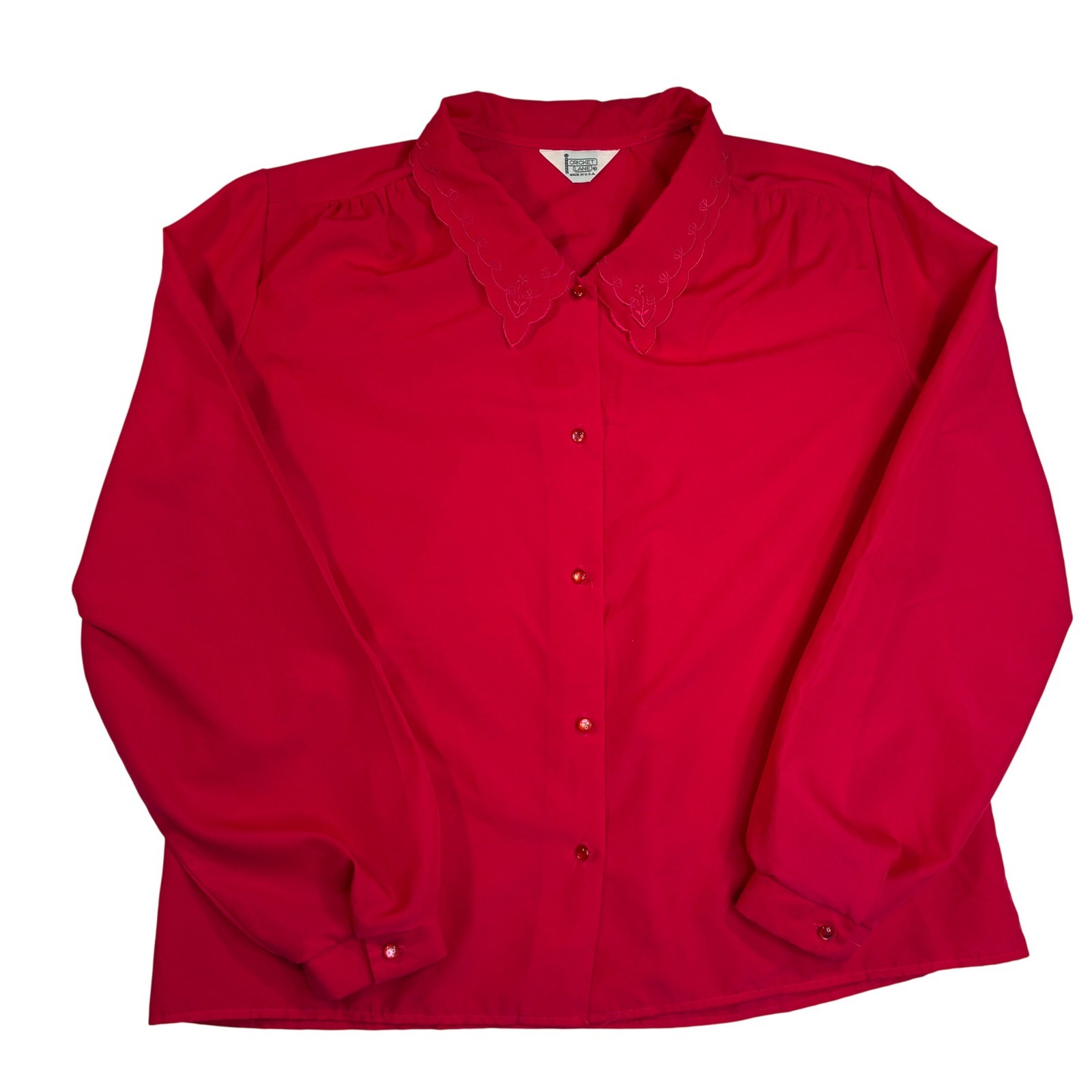 Cricket Lane Vintage USA Red Embroidered Scallop Collar Button Down Blouse Top