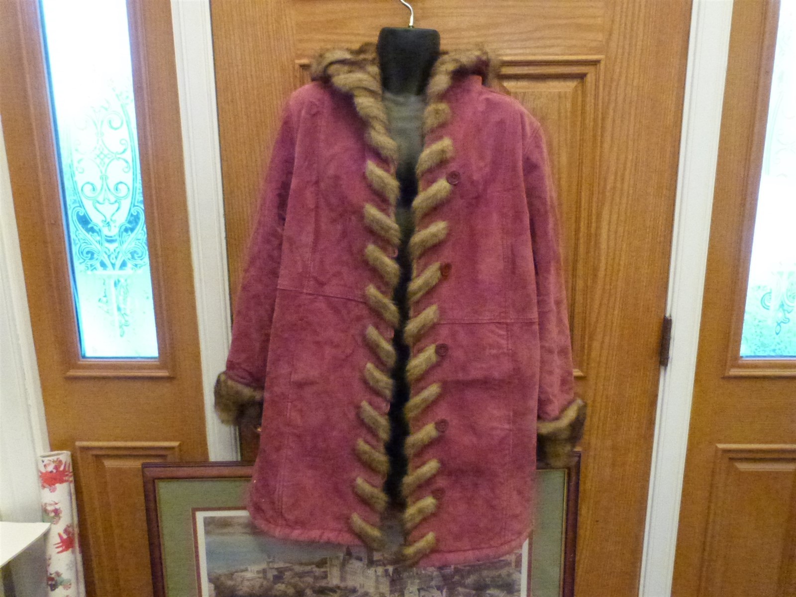 Dennis Basso suede coat vintage 1990s faux fur red Burgundy Maroon wine hood W L