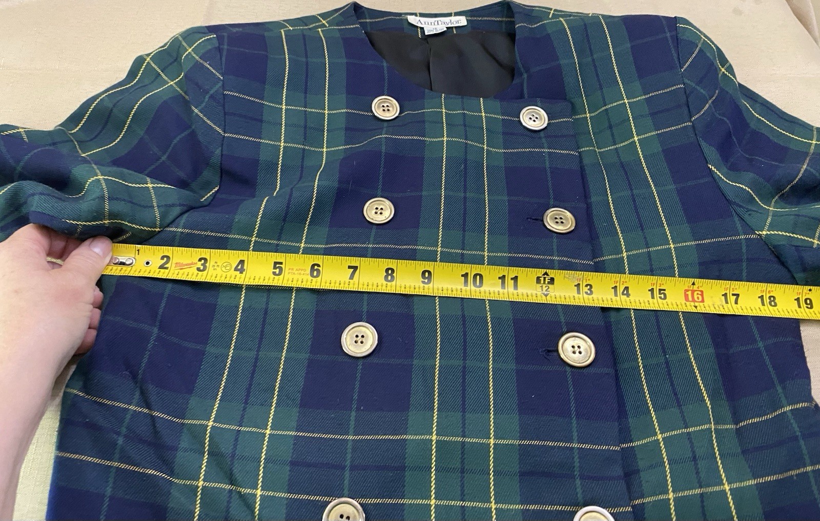 Vintage Ann Taylor Green Tartan Plaid Short Cropped Blazer Jacket 12 USA Preppy