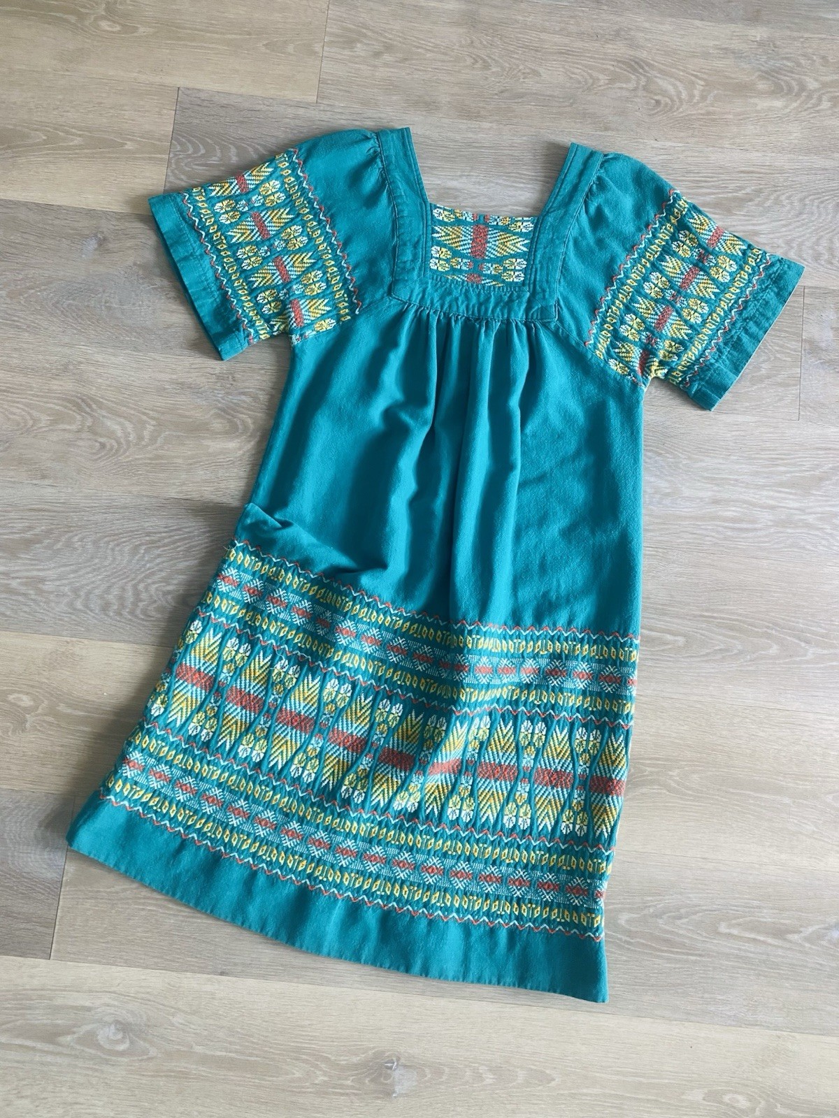 VTG 70s Paulina’s Embroidered Mexican Peasant Dress Teal Woven Cotton Boho M