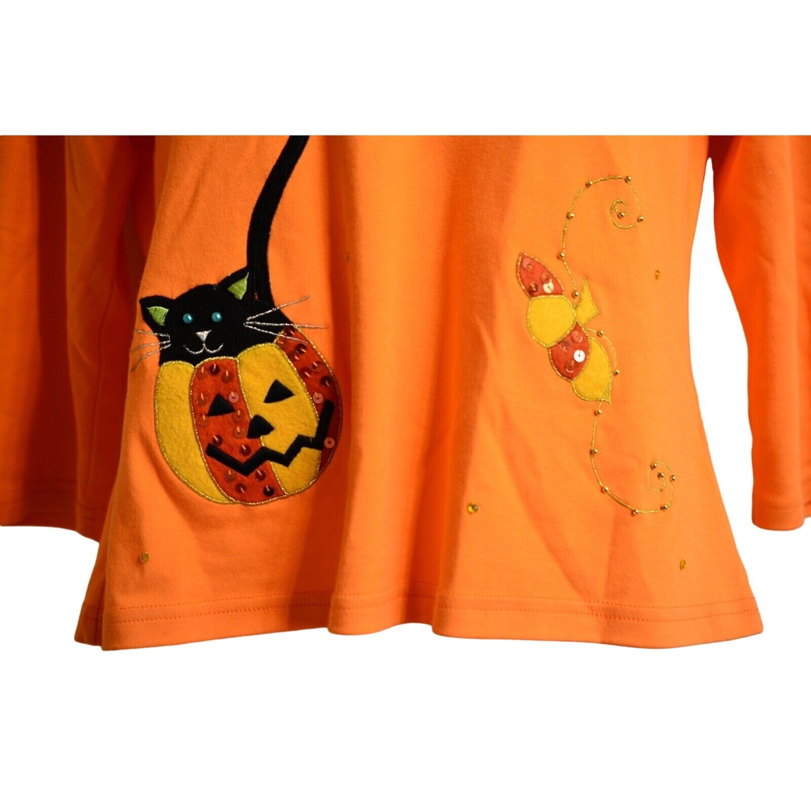 Jack B. Quick M Top Halloween Black Cat Pumpkin Orange Sequin 100% Cotton
