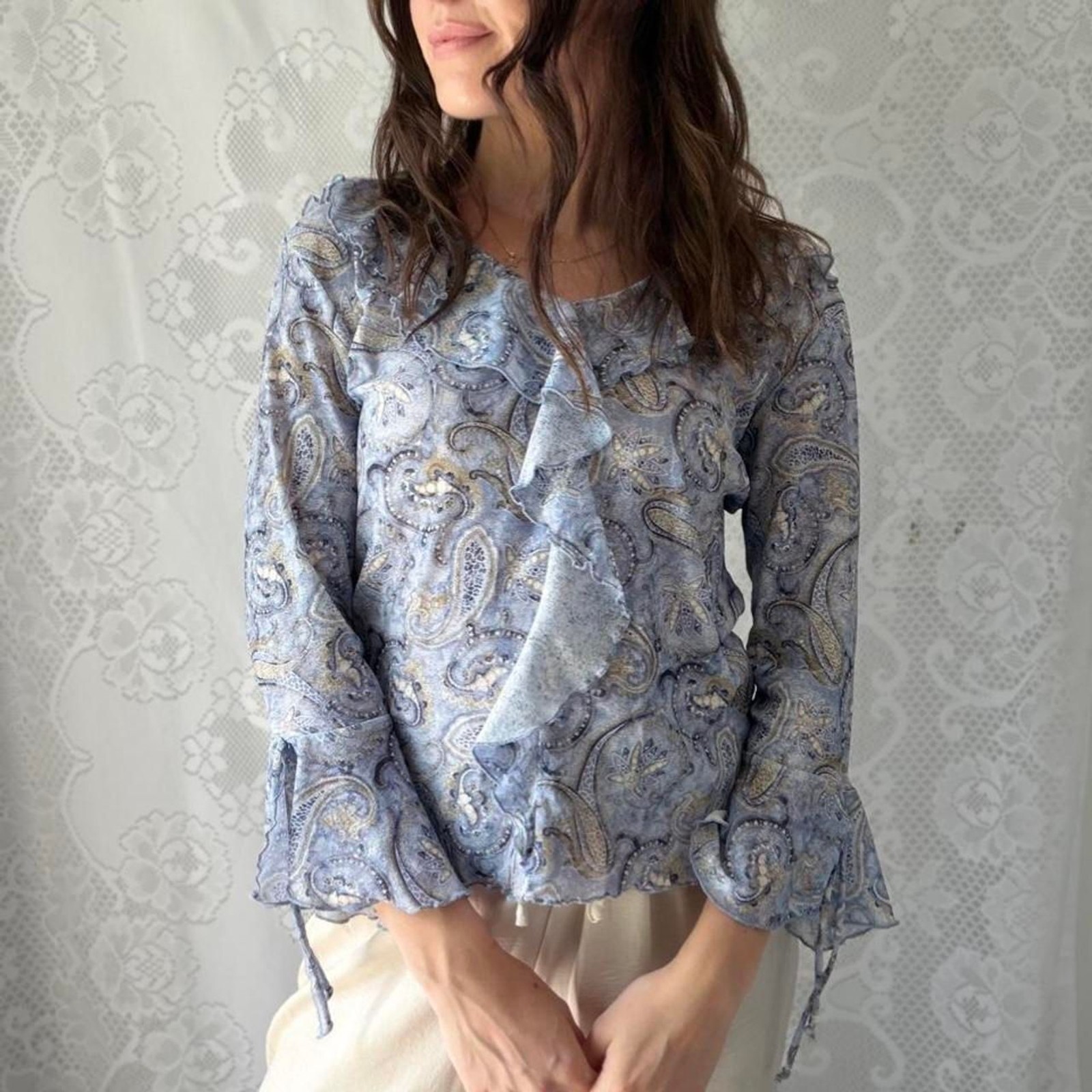 Y2K Maxwell Nelson Blue Paisley Ruffle Bell Sleeve Tie Front Top