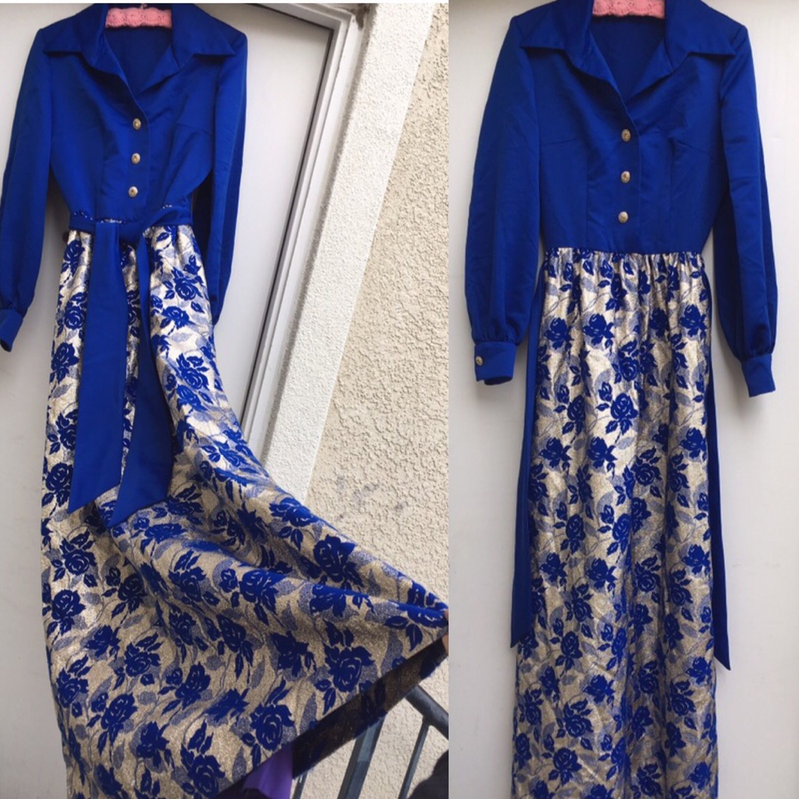 Vintage Maxi Dress Blue And Gold Floral 1960s 1970s Mod S To M See Measurements