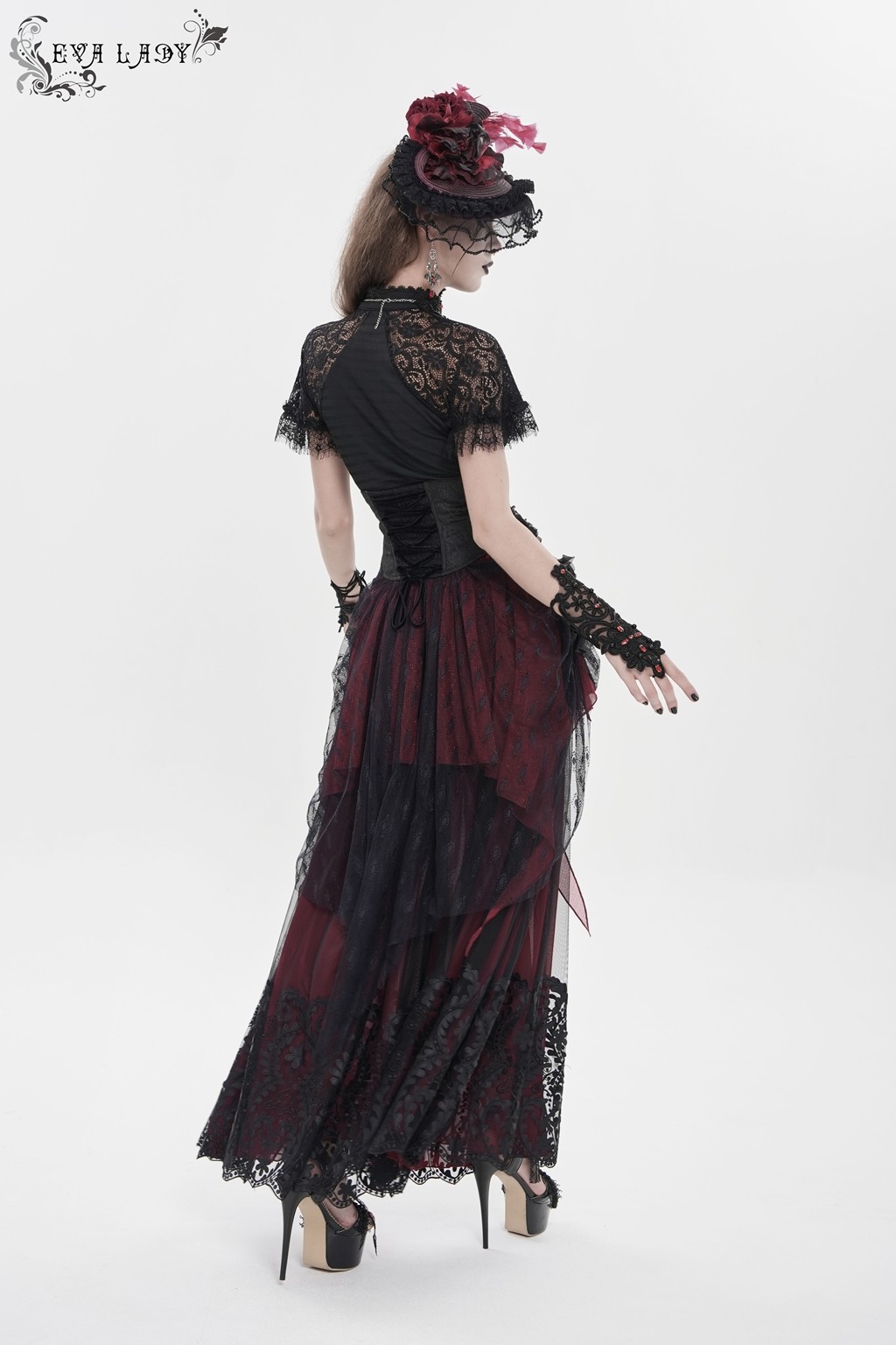 Eva Lady Women Black Red Retro Gothic Elegant Cross Bat Corset With Tulle Skirt