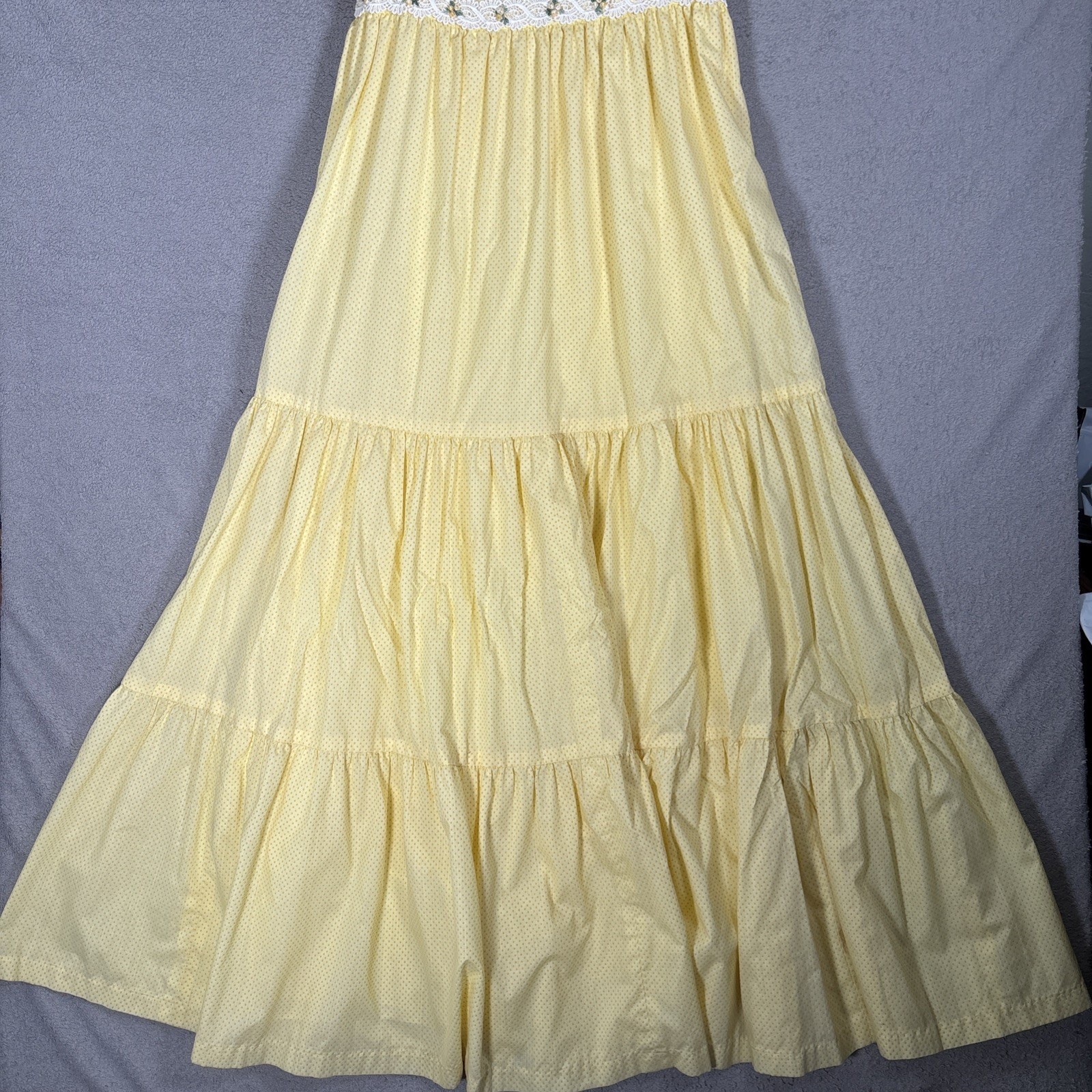 Vintage Yellow Polka Dot Prairie Maxi Dress Lace Trim Cottagecore Puff Sleeve