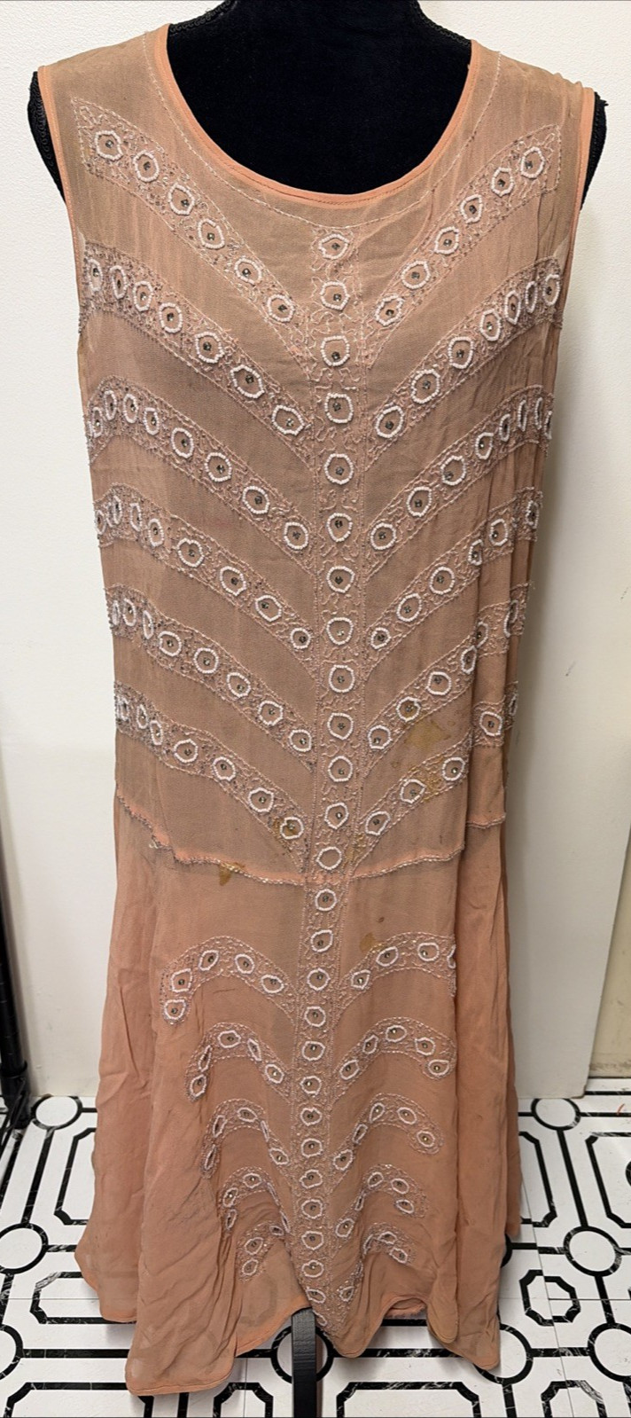 Antique 1920s Silk Beaded Sheer Drop Waist Peach/Pink Flapper Dress Sleeveless
