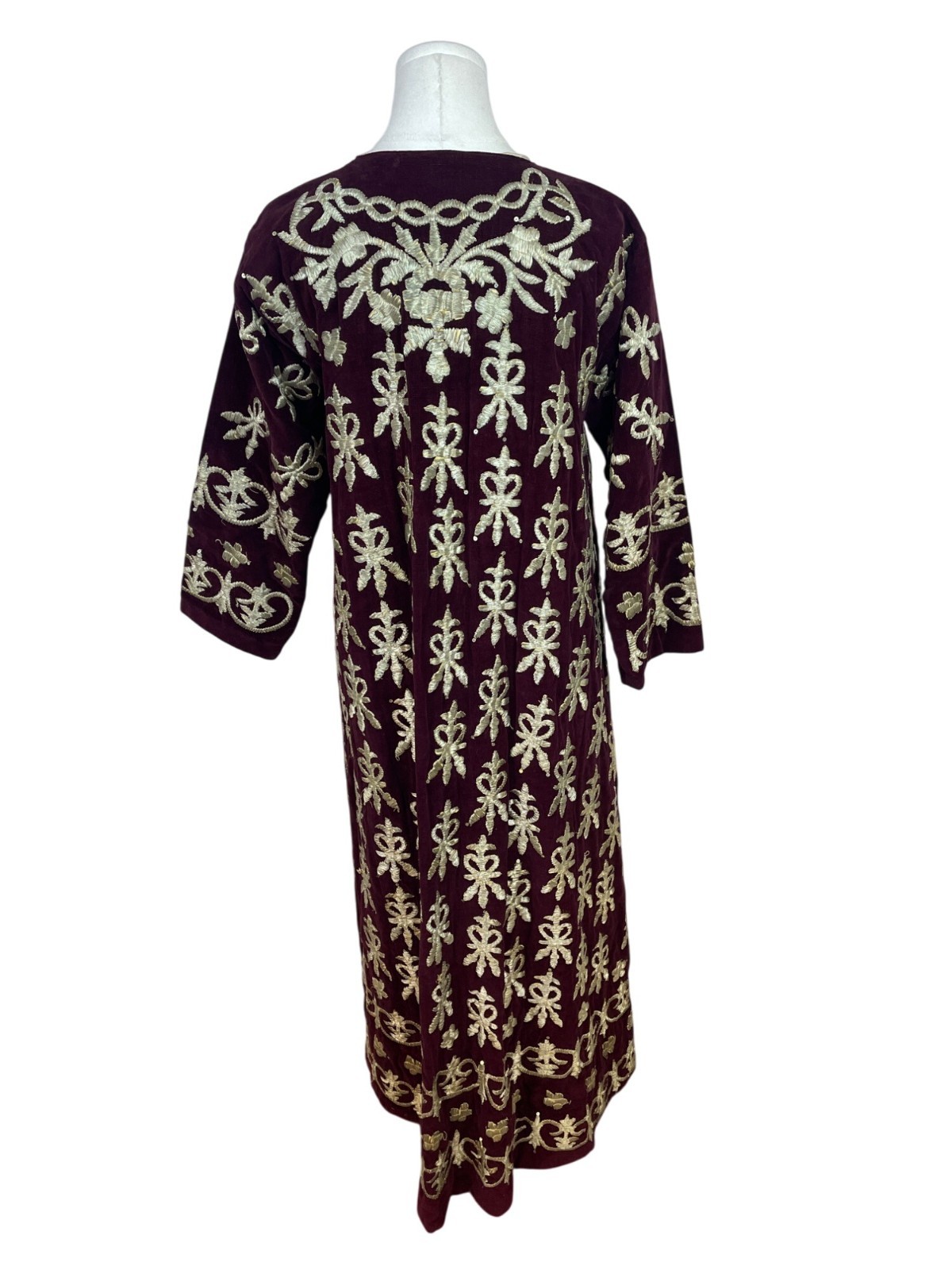 Vintage Women’s Velvet Burgundy & Gold Tone Embroidered Kaftan Dress