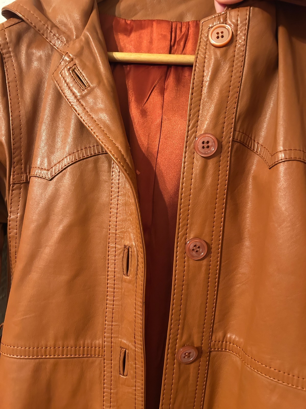Vintage 70s Womens XS/S Leather Trench Coat Jacket Brown Belted Hooded