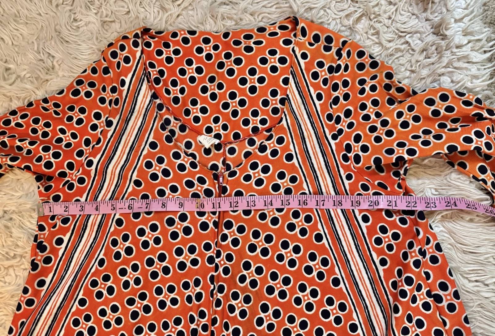 Vtg 60s 70s Orange Navy Caftan Maxi Hostess Dress Gown Plunge Zipper Pocket Pop
