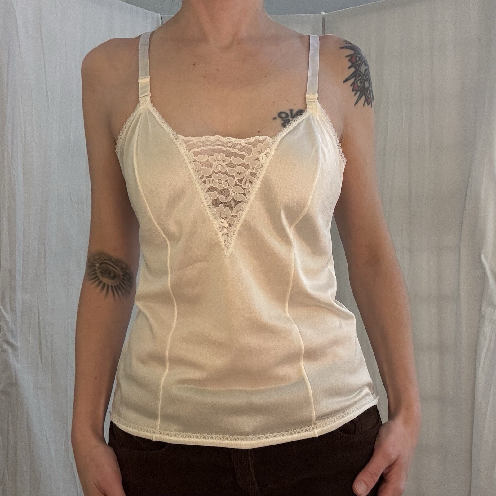 Cream Lace V-Inset And Trim Camisole Lingerie Vintage 60s/70s Coquette Mod Small
