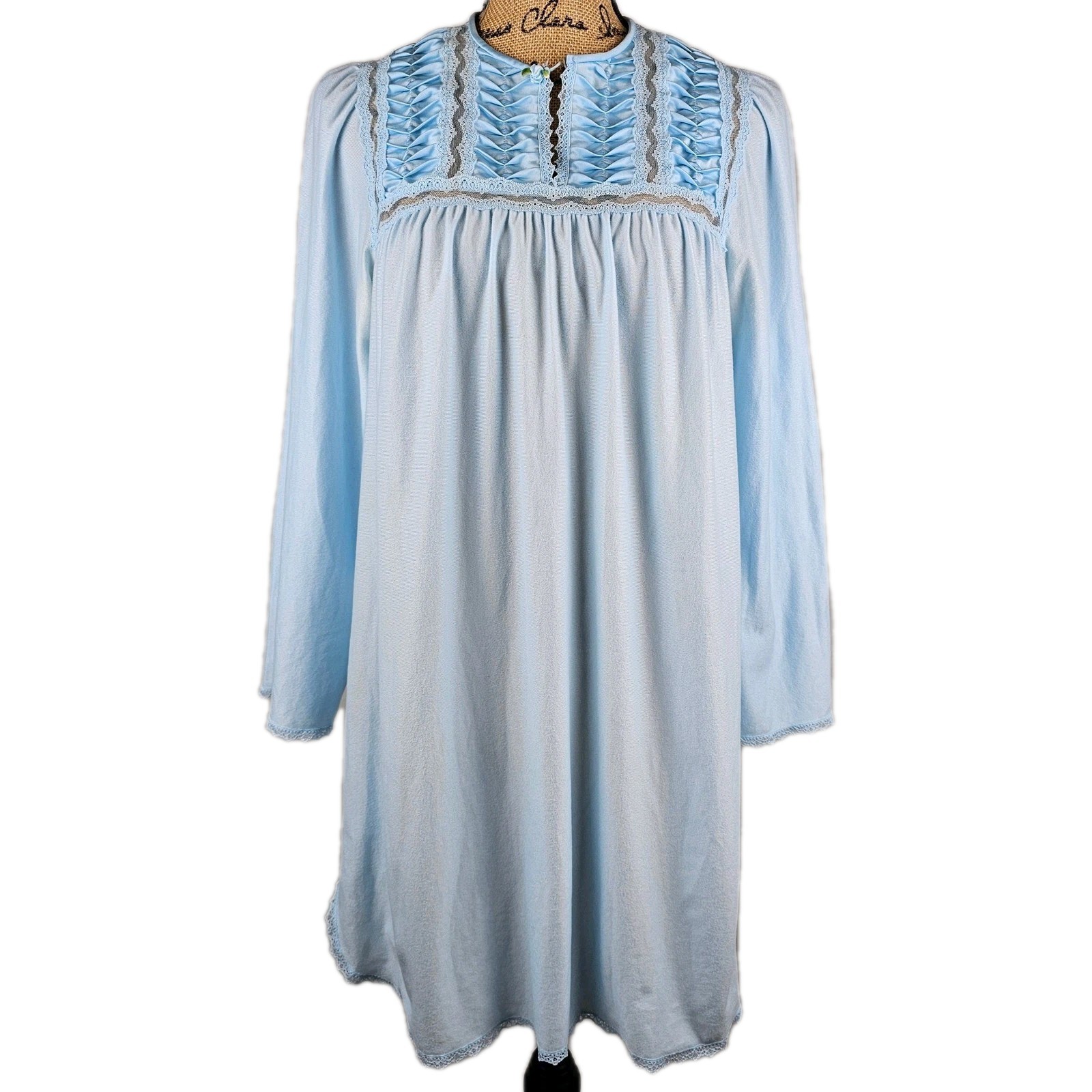 Vintage Vanity Fair Blue Nylon Lace Trim Long Sleeve Nightgown Sleepwear Small