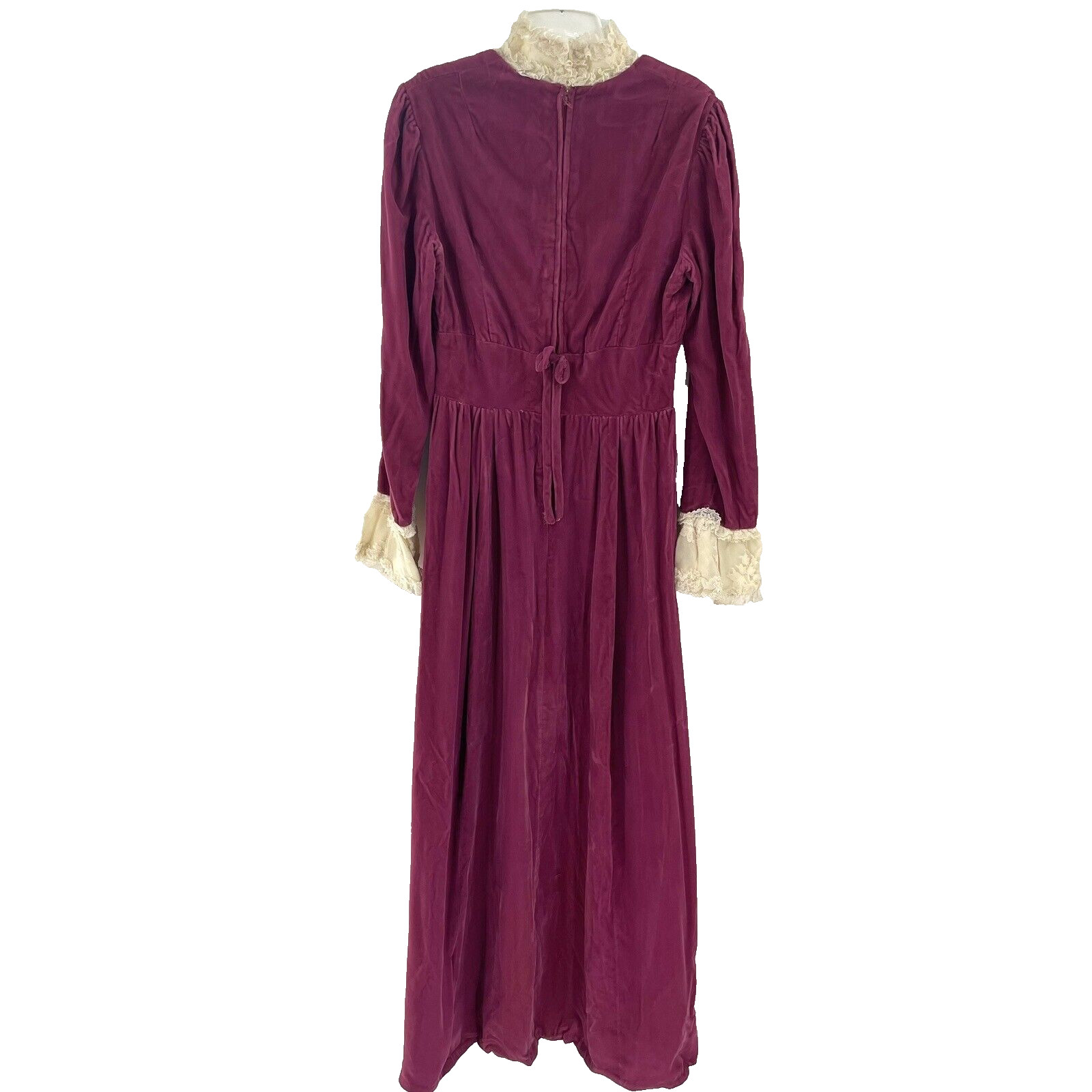 Vintage VTG Purple Velvet Womens Maxi Dress w White Lace Trim Details Size S/M