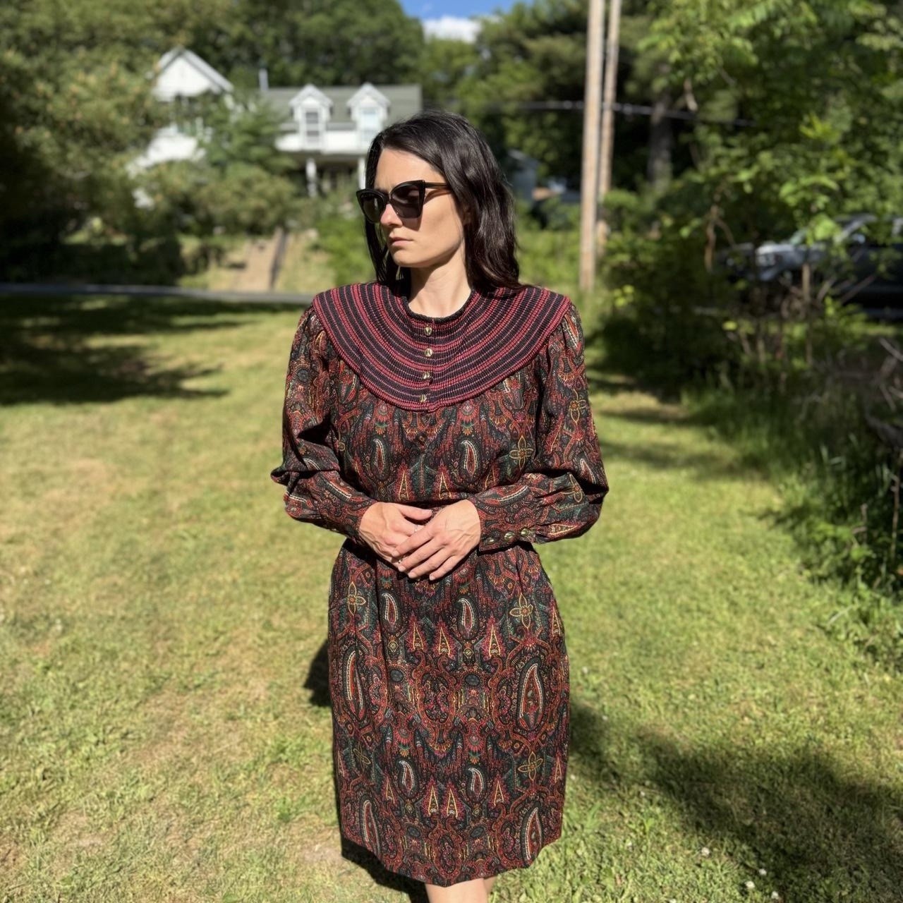 Vintage 80s Hanae Mori Wool Paisley Print Dress Pockets Boho Funky