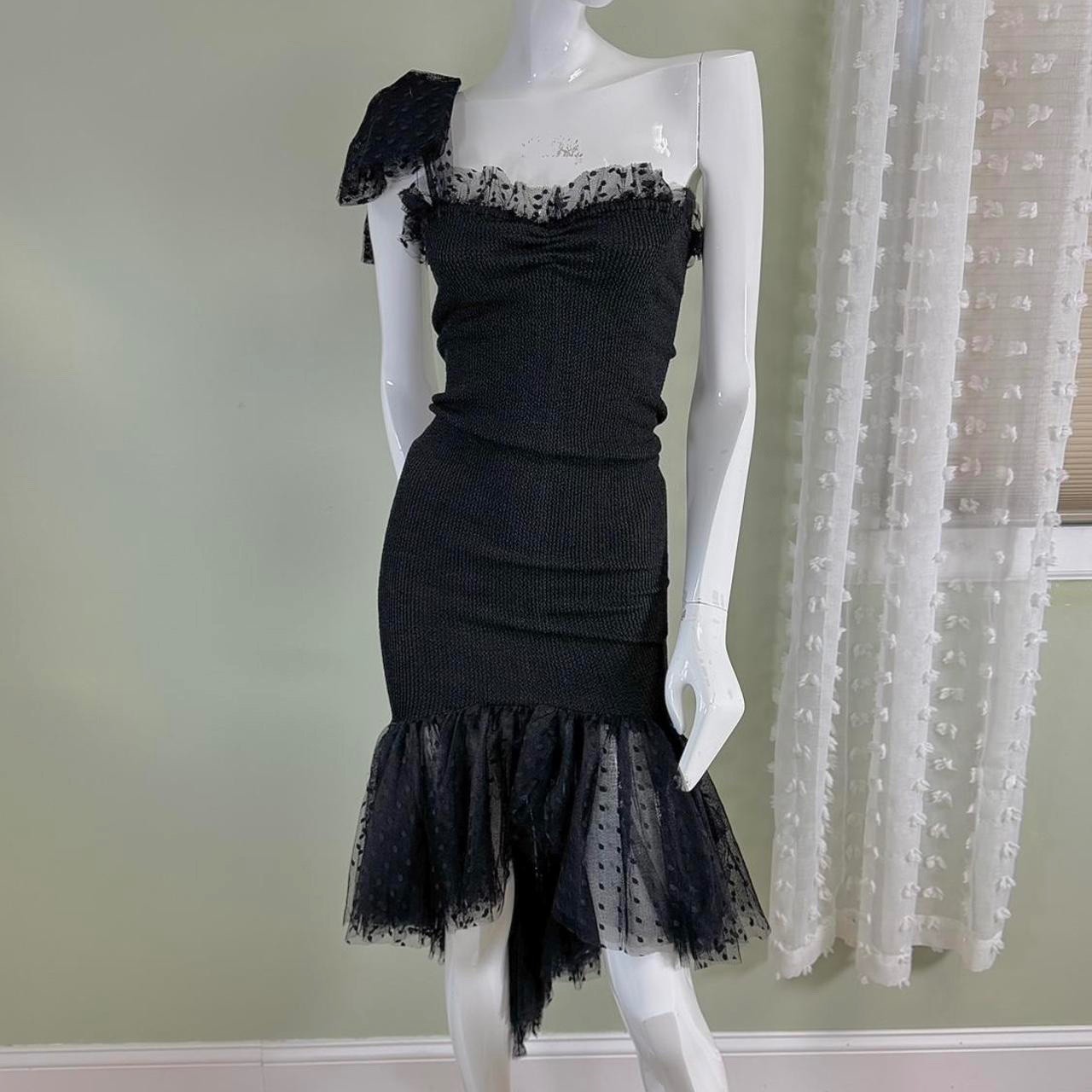 Vintage 80s Mademoiselle “Steppin Out” One-Shoulder Ruffle Dress – Black Mesh Do