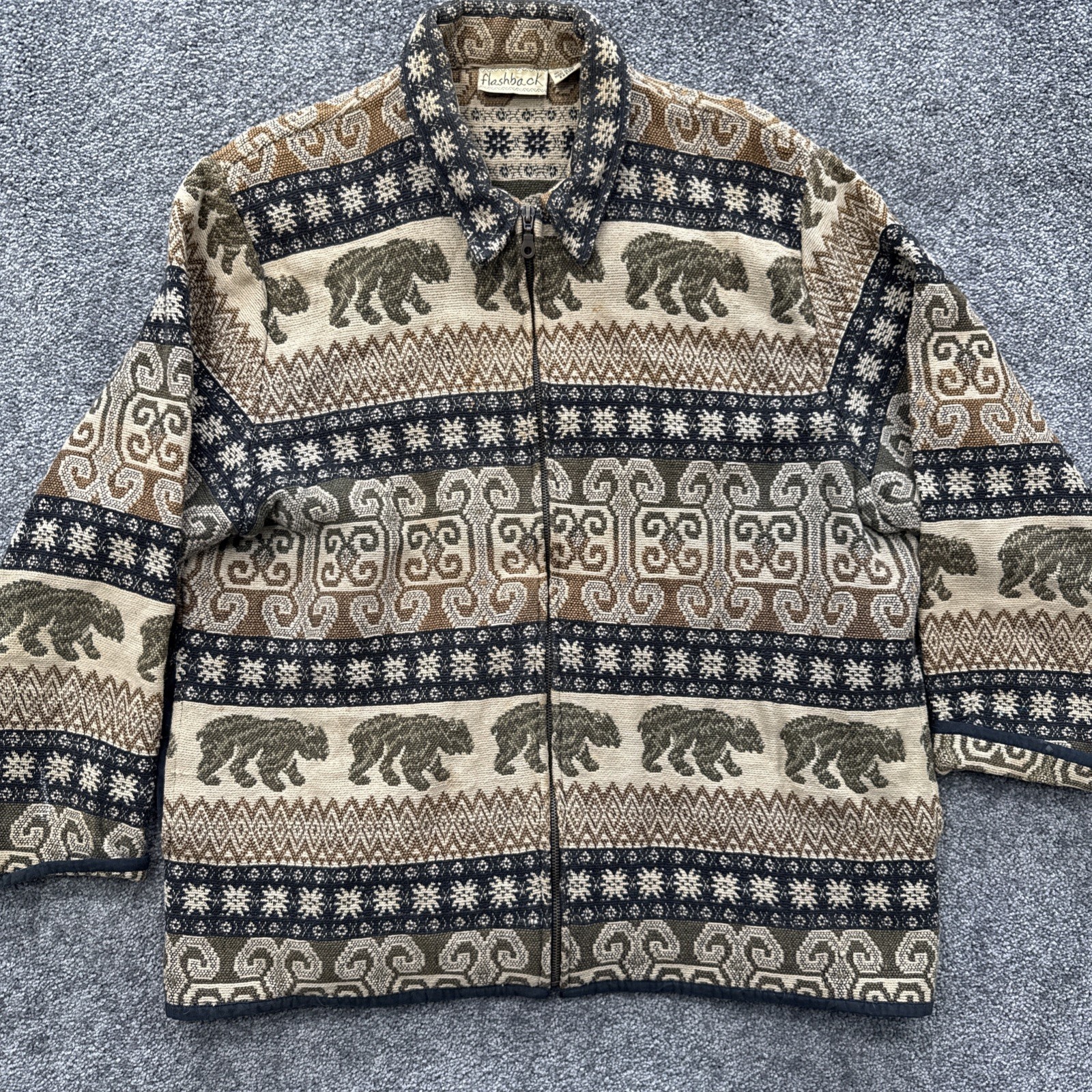 VTG Women 2X Tapestry Jacket Bear Flashback Woven Cabin Gorp Granny Core Sweater