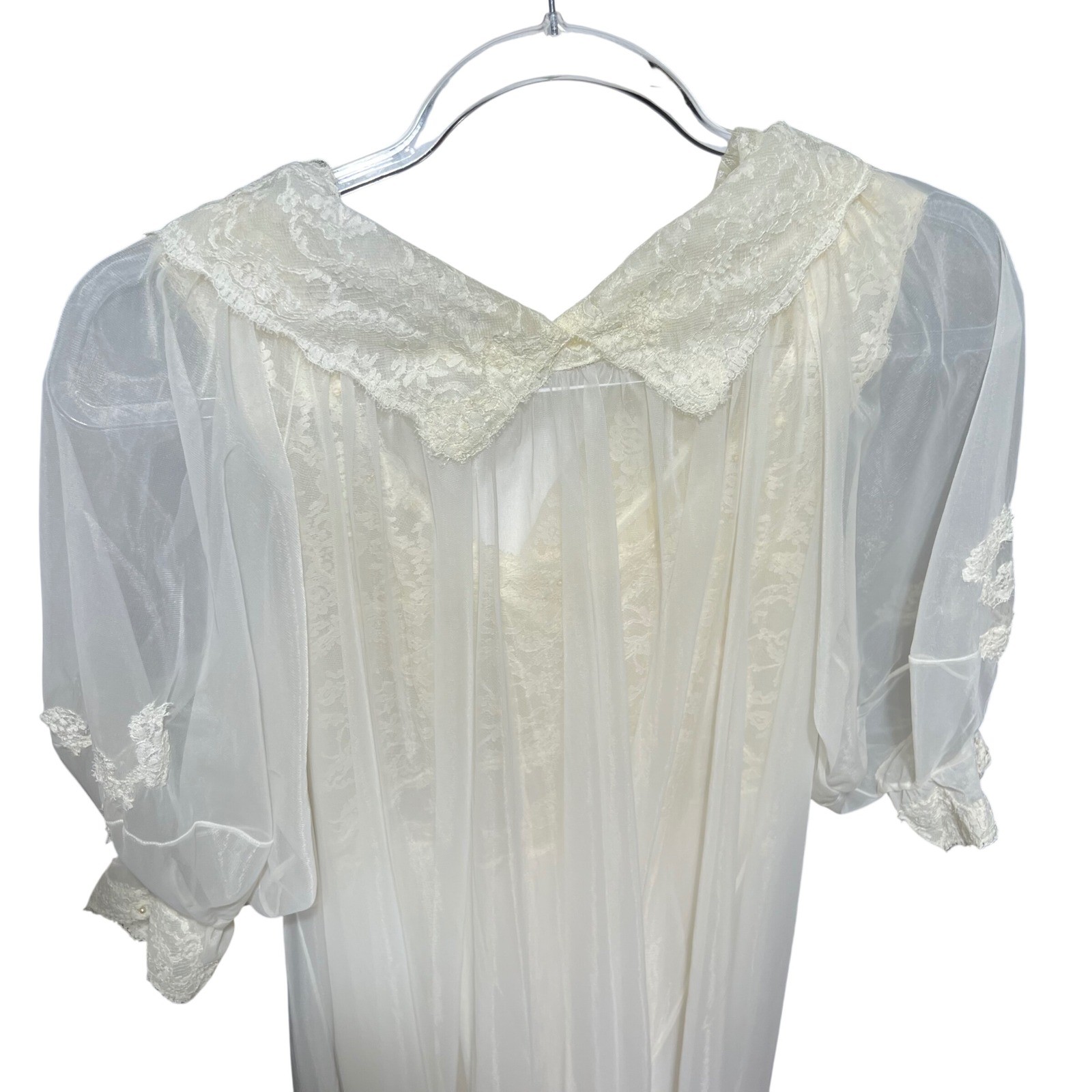 Vintage Ivory Lace Peignoir Set Bridal Nightgown and Sheer Robe Pearl Detail