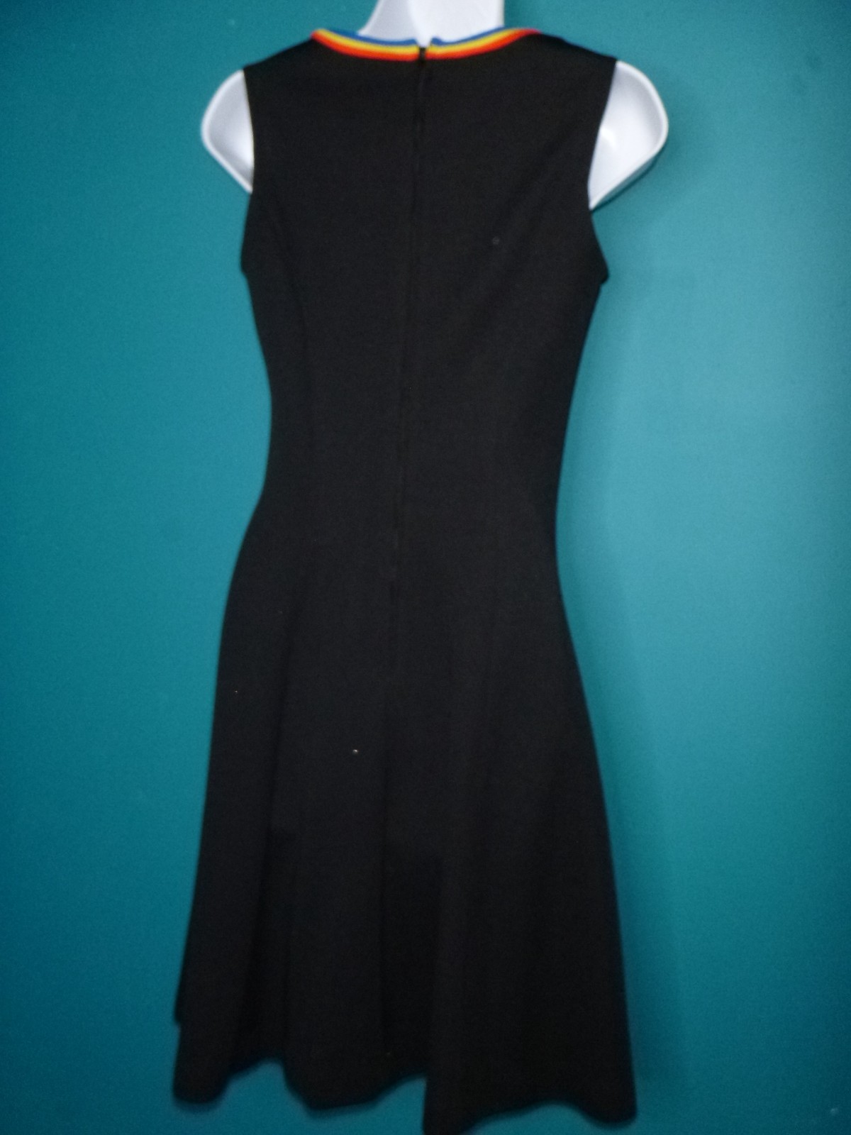 Vtg 70s Kelly Arden Stretch Poly Mini Dress W/ Cardigan Black Rainbow Trim Sz S