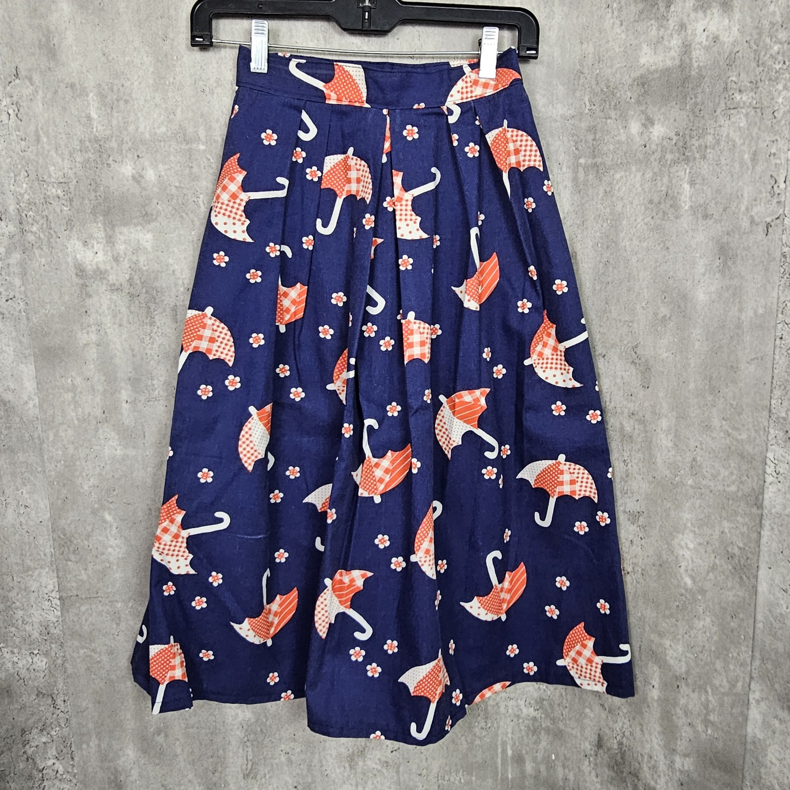 Vintage 70s Handmade 23″ Hi Waist Navy Heavy Cotton Umbrella Pattern Aline Skirt