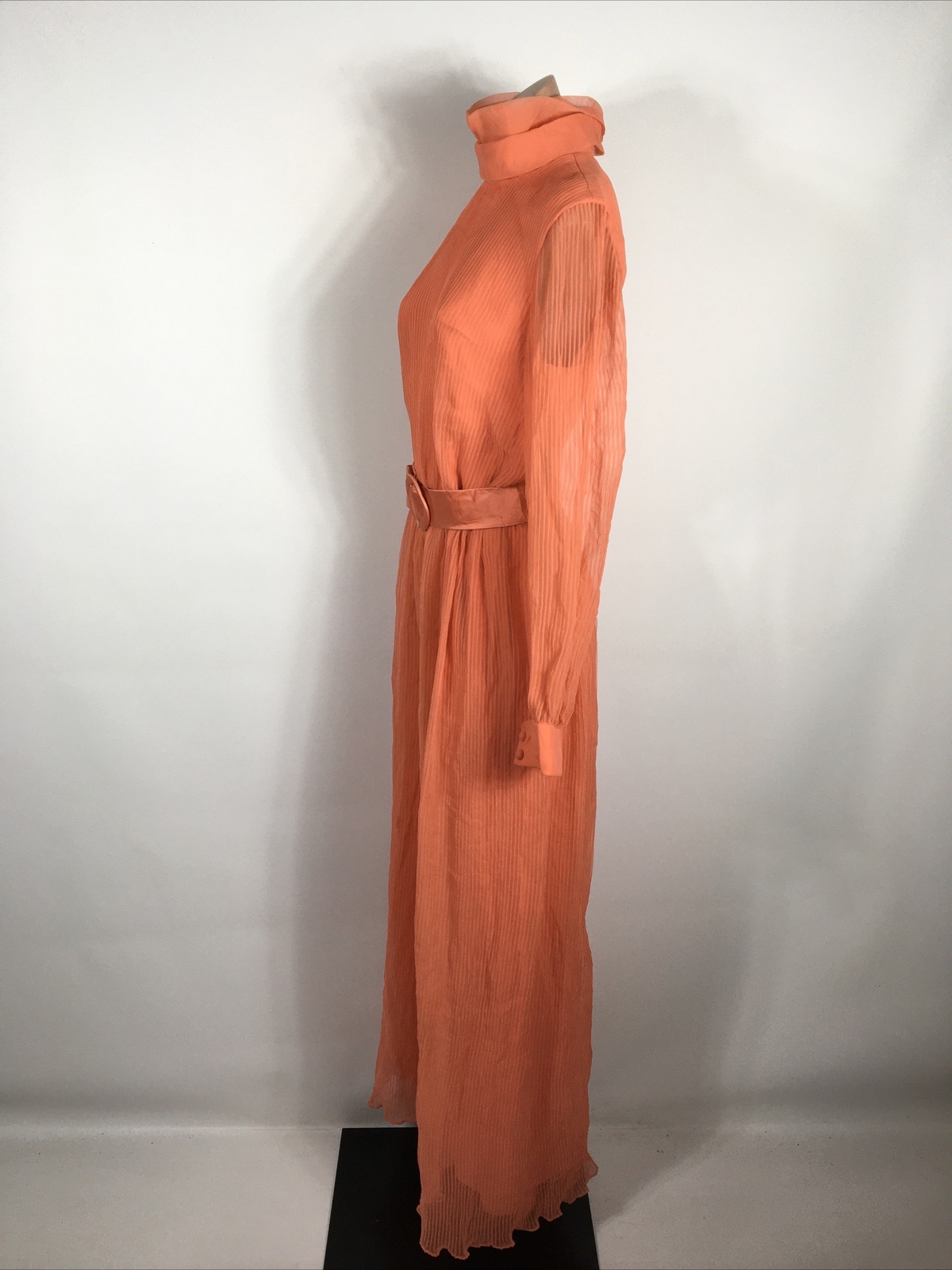 Miss Elliette Coral Illusion Sleeve High Collar Pleated Vtg 60’s Gown Dress