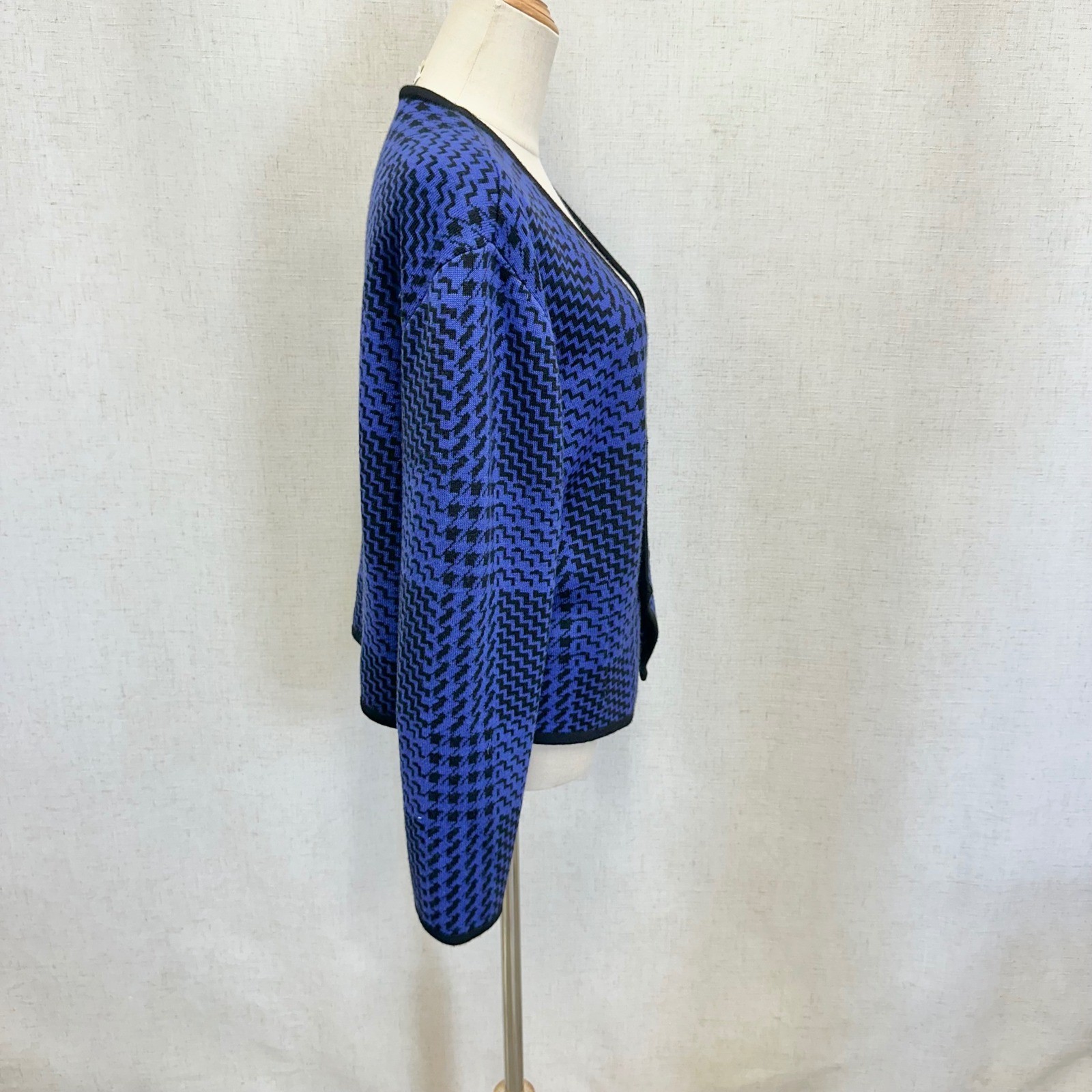 Ciao Ltd Vintage Cardigan Womens Large Blue Black Houndstooth Wool Blend Knit
