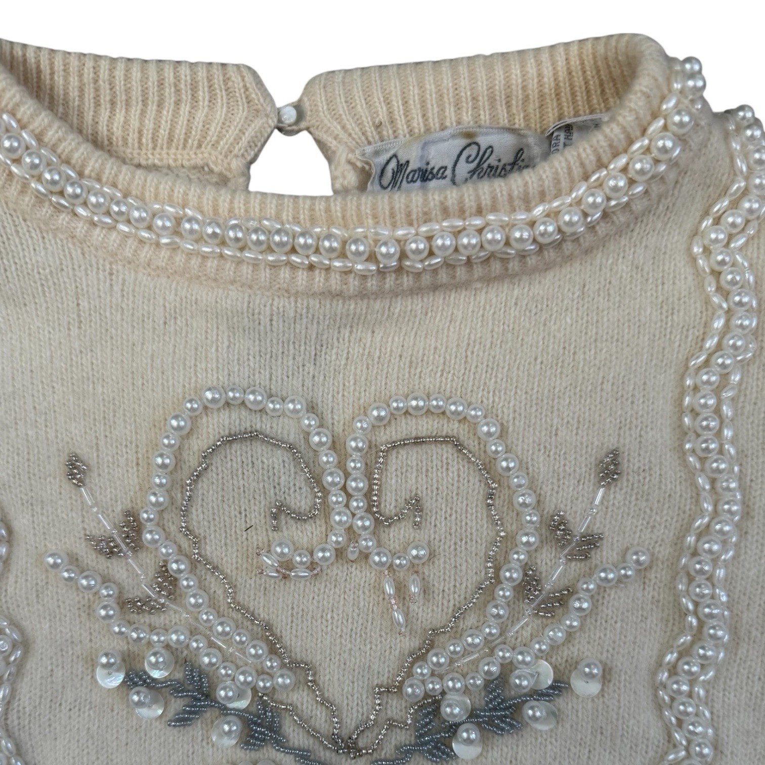 Vintage Marisa Christina Cream heart Pearl Beaded Sweater 34″ bust EUC angora