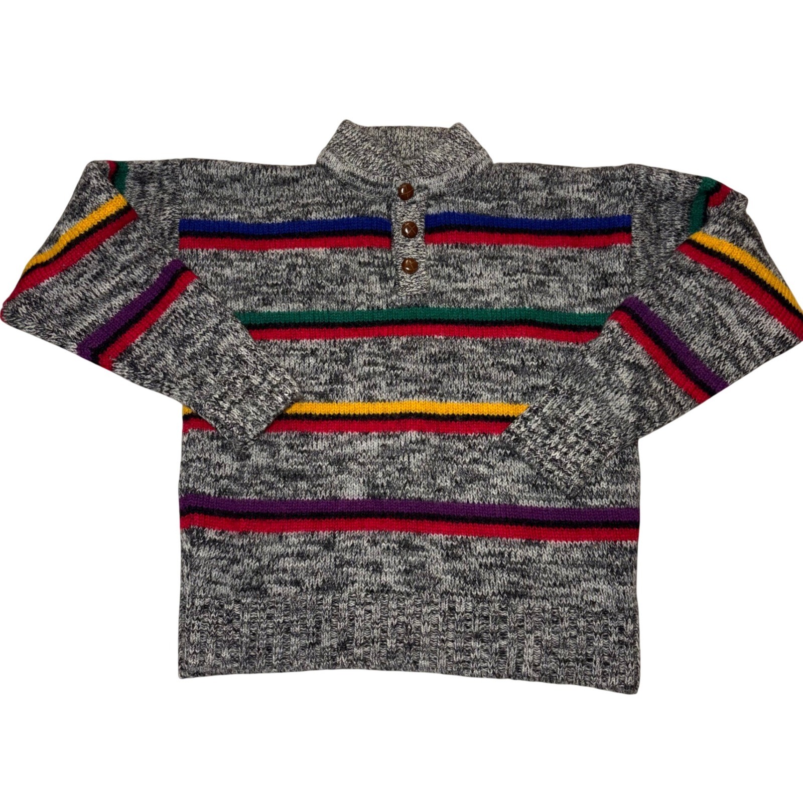 Boston Traders Vintage 100% Wool Striped Henley Sweater Womens Large Gray Multi