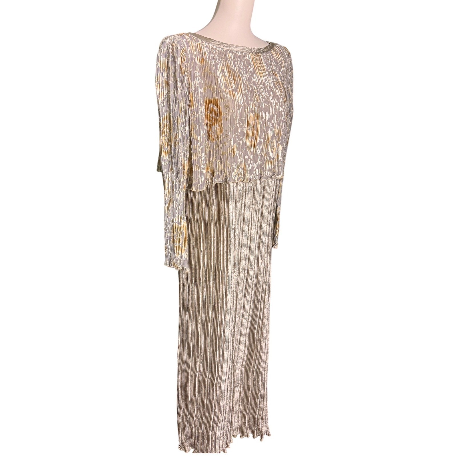Jeanne Marc Vintage champagne Gold Burnout Micro Pleated Maxi Dress Size S 8/10