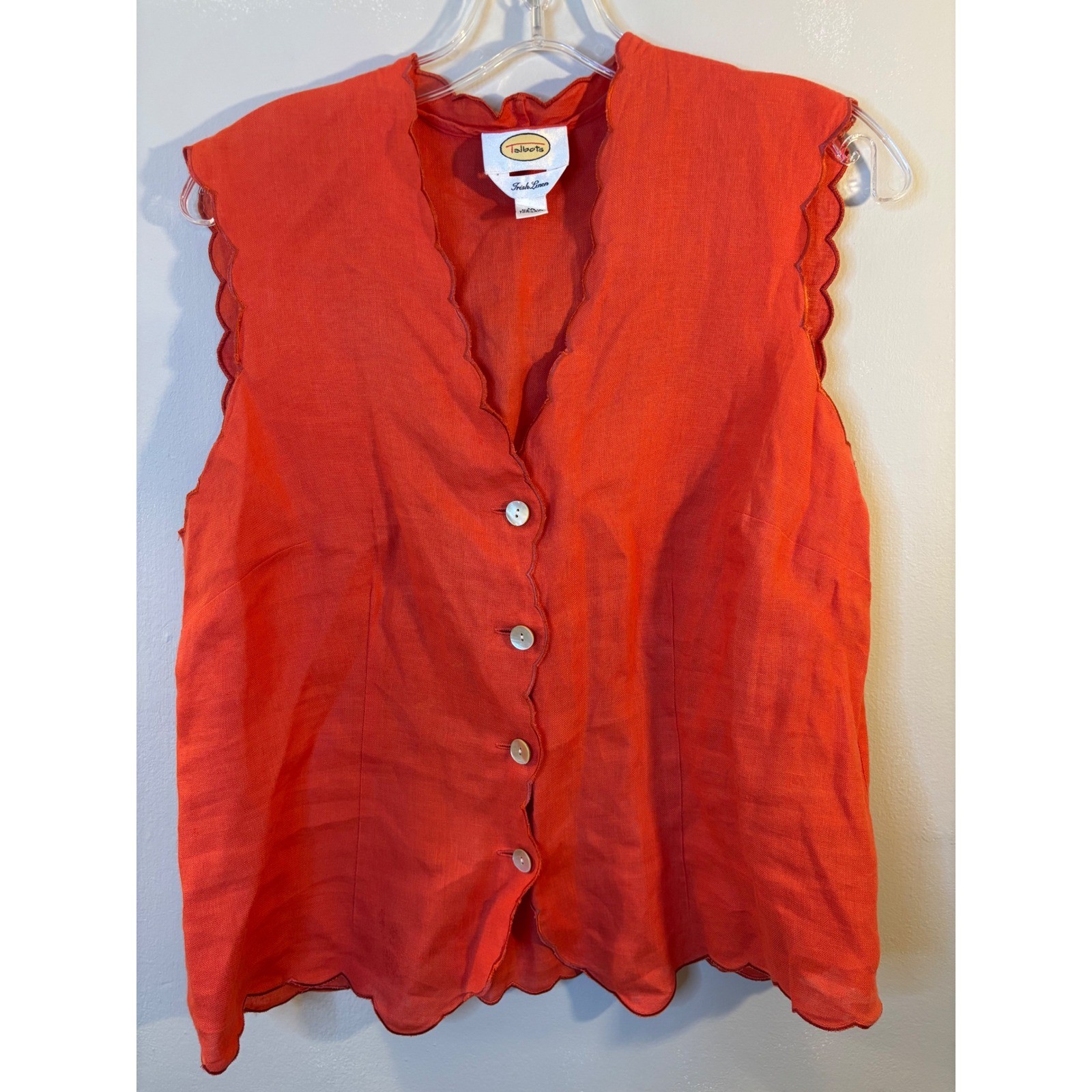 VTG Talbots Coral Irish Linen V Neck Sleeveless Blouse 12 Scalloped Edge