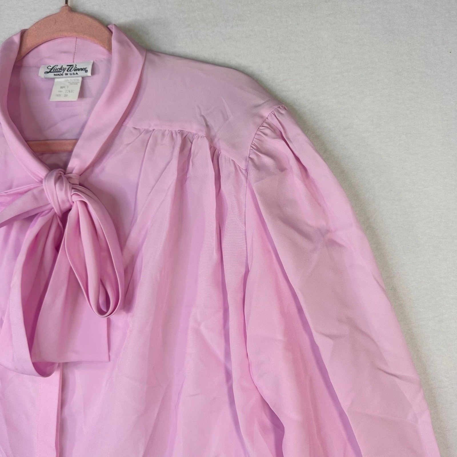 Vintage Lucky Winner Pink Tie Neck Blouse Long Sleeve Secretary Top Size 38 USA