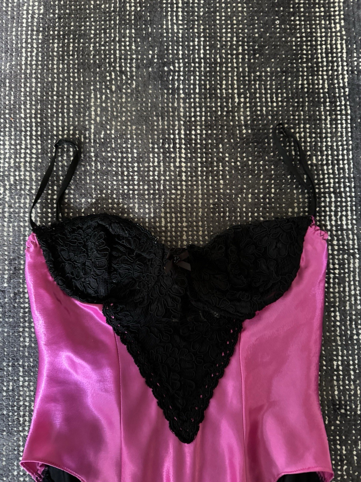 Vtg 80s Pink Black Lace Underwire Bra Lingerie Bodysuit Snap Crotch