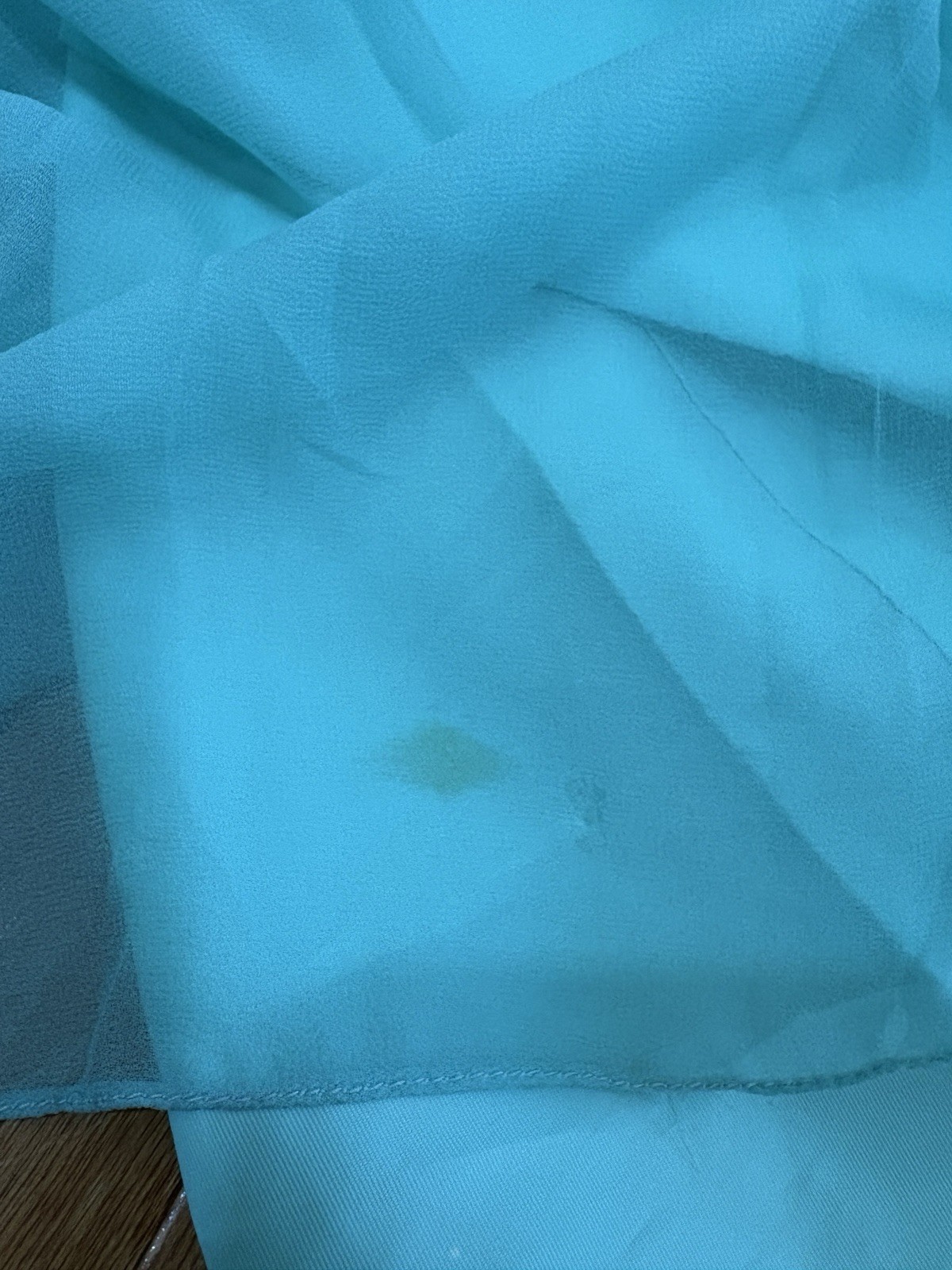 Vtg 70s Teal Blue Chiffon Maxi Dress Beaded Emblishment Sheer Sleeves 26” W
