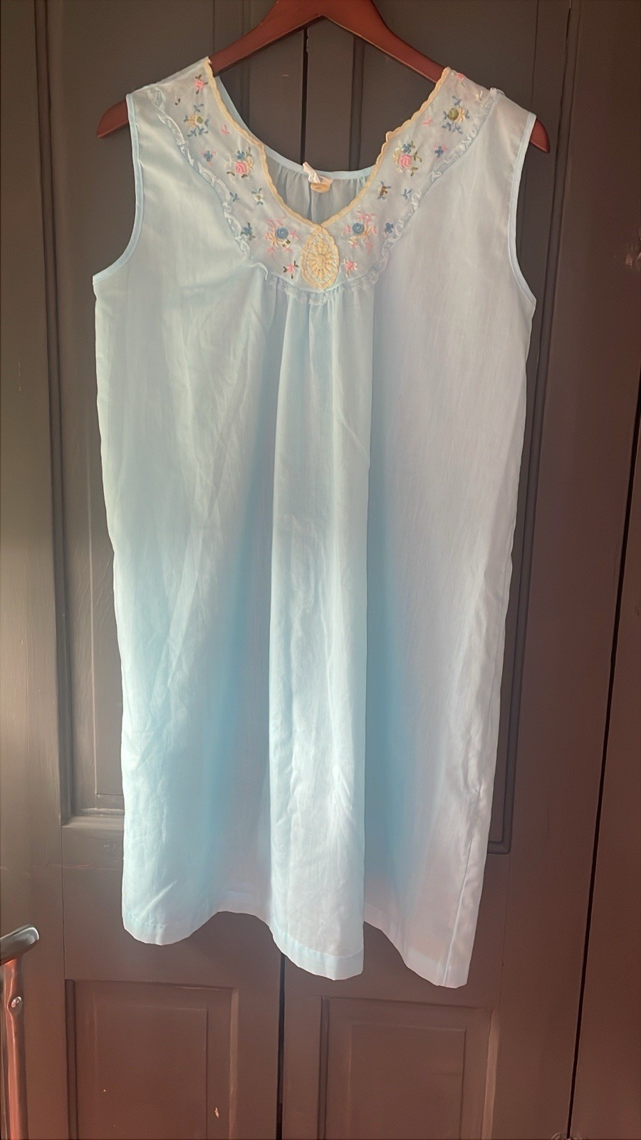 Vintage Katz Nightgown Shift Blue Knee Length Embroidery Flowers Lace Size M