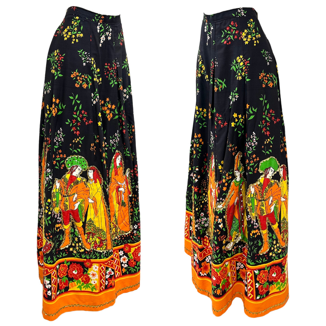 Vintage 1970s Embellished Beaded Screenprinted Renaissance Imagery Maxi Skirt