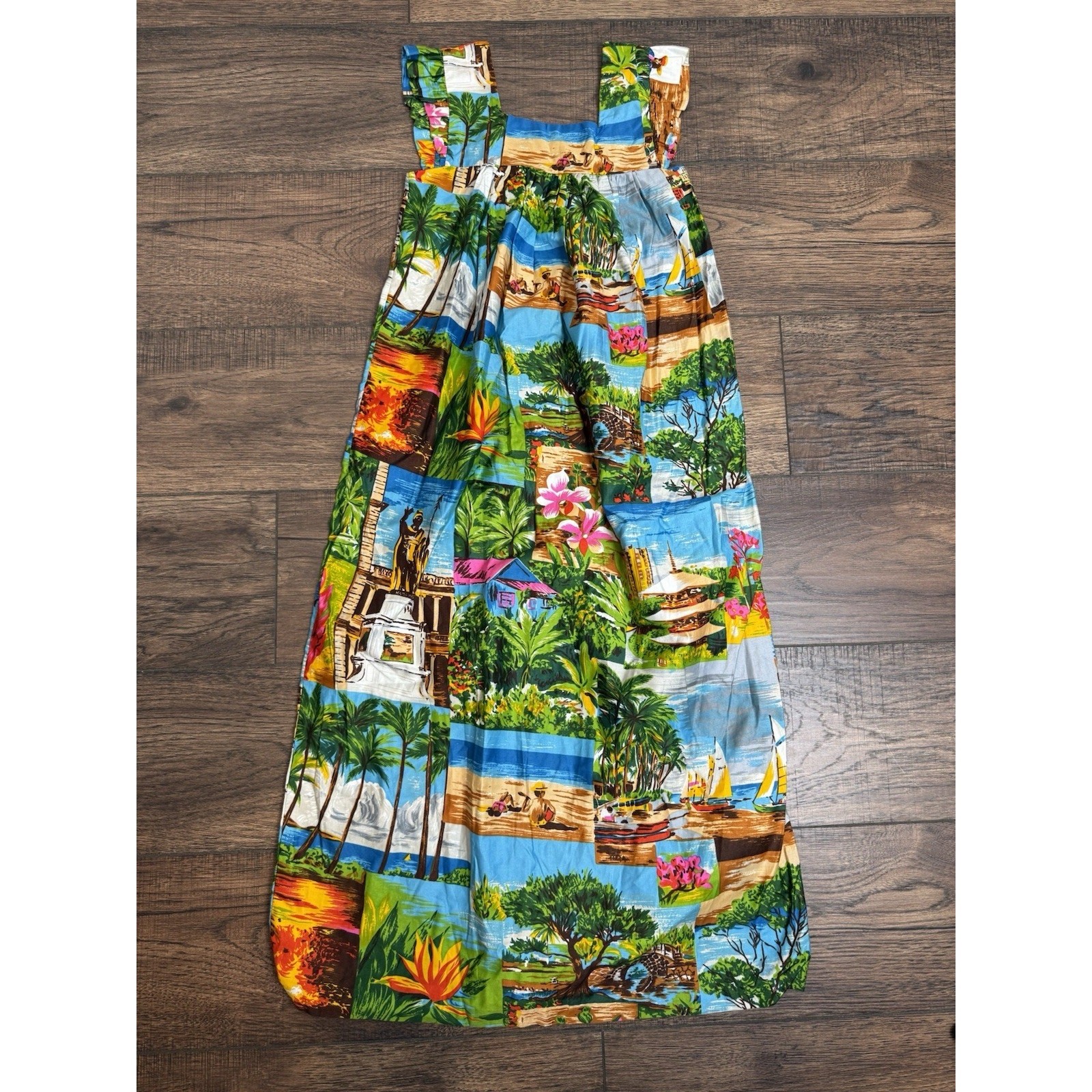 Vintage Hawaiian Floral Smocked Ruffle Hawaii Maxi Dress Polynesian Bazaar XS