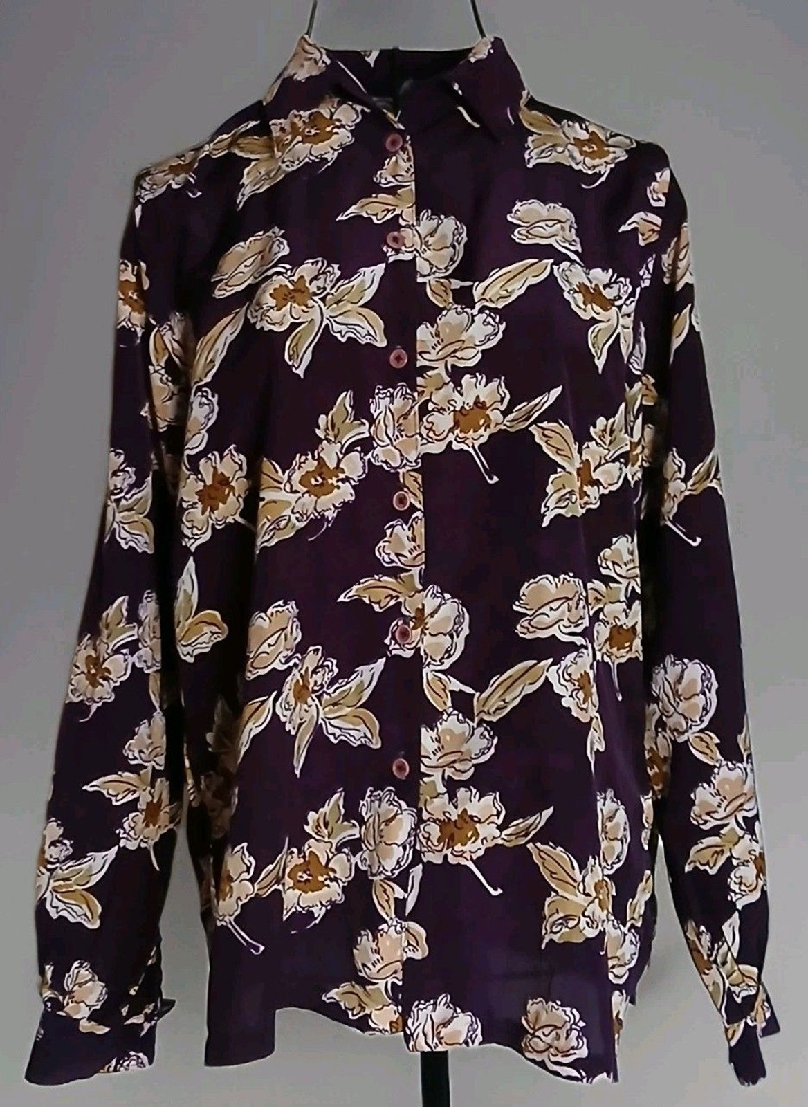Vintage 70s Plum Floral Blouse Large Boho Secretary Cottagecore Button Front